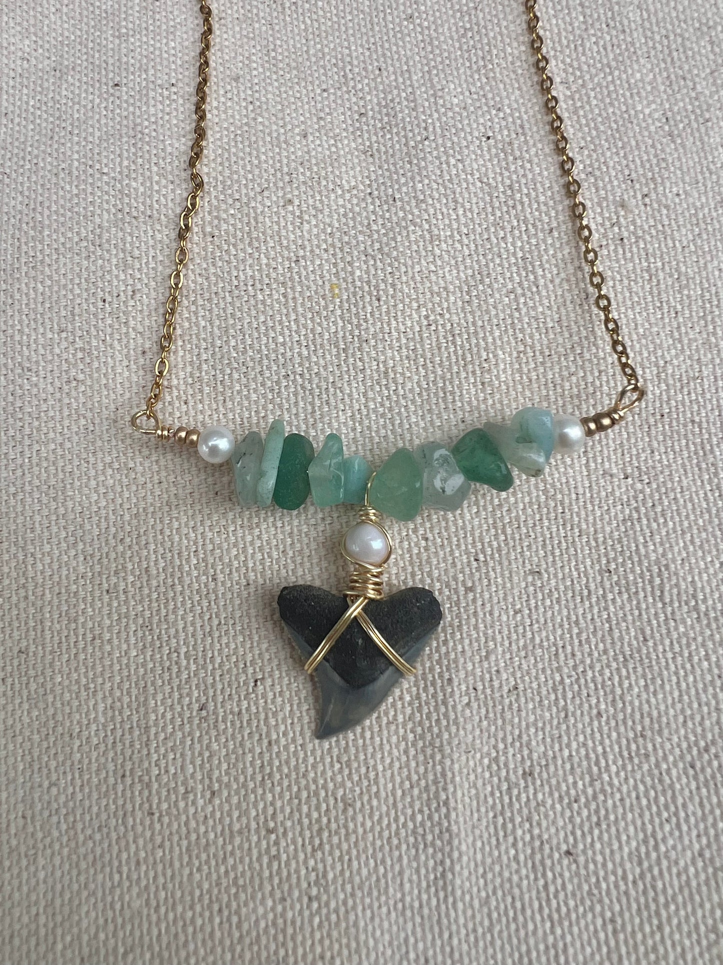 Ocean Treasure Necklace - Bull Shark tooth + Aventurine and Pearls