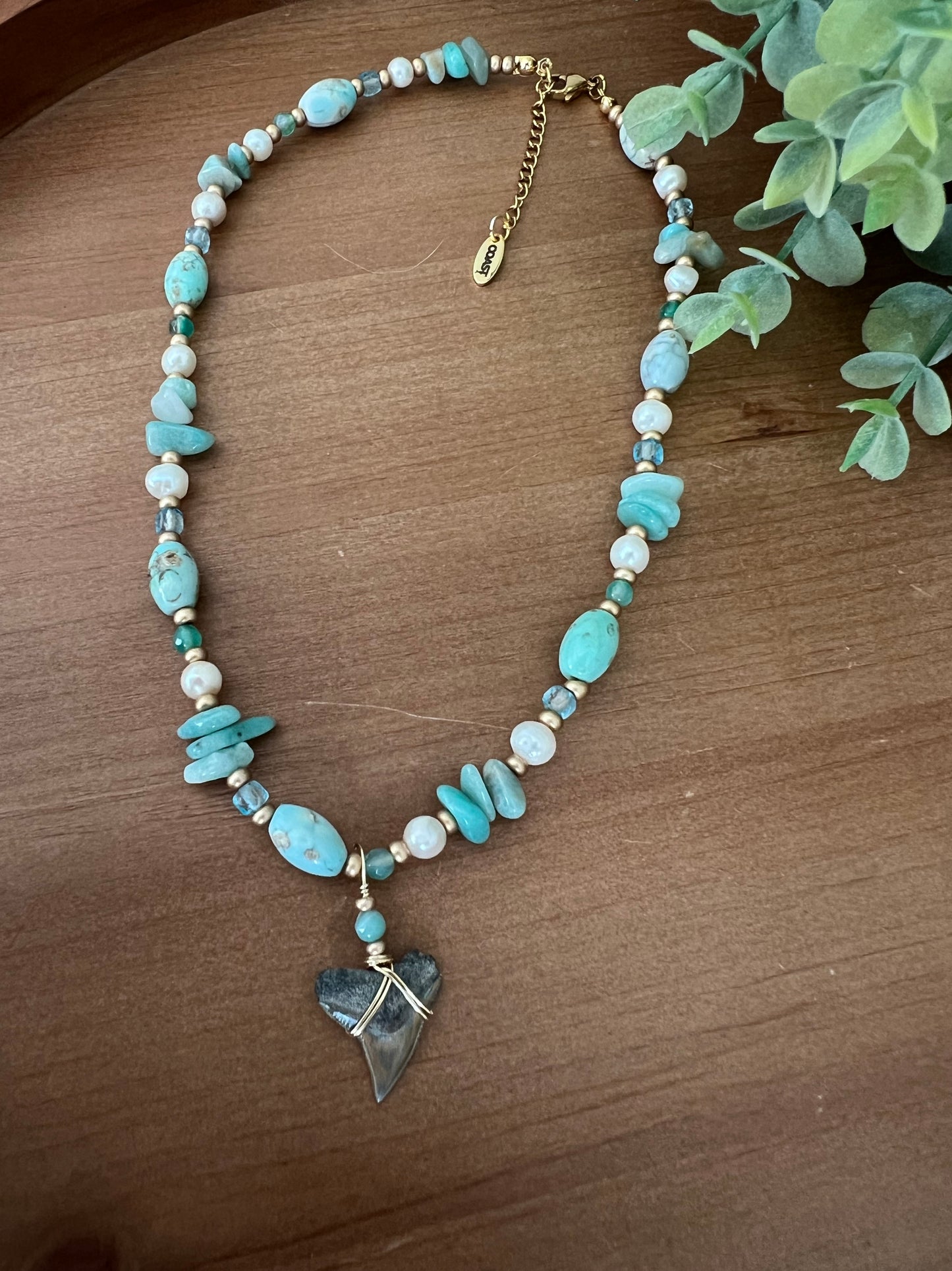 Coastal Reef-Bull Shark tooth necklace with dragon skin agate, blue topaz, light green jade, Amazonite, and freshwater pearls details