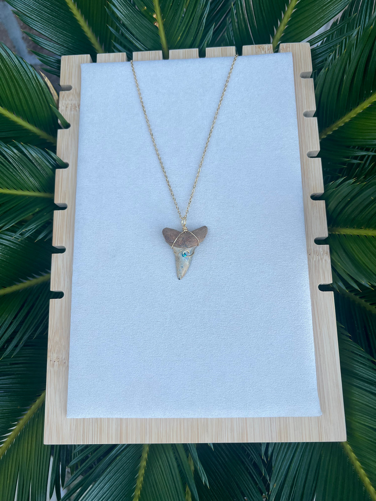 Stunning One-of-a-Kind Cream Marble Hastalis Shark Tooth Necklace with wave design and Swarovski Crystal