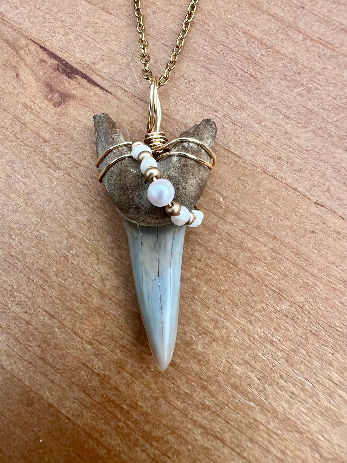 Shark tooth necklace with mini freshwater pearls
