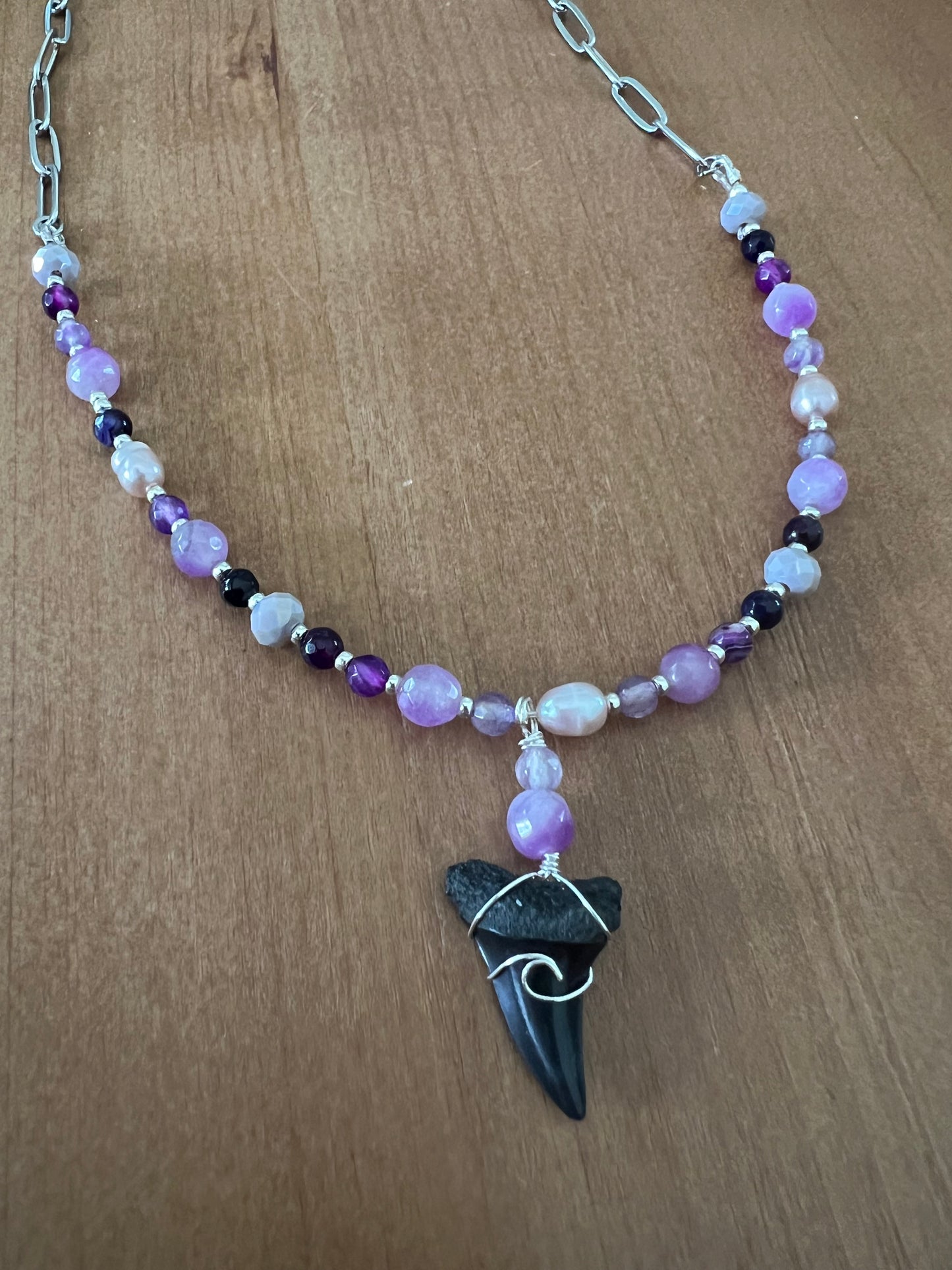 Violet Tides Collection- Silver: purple jade, Botswana, pearl, and fossilized Mako shark tooth necklace