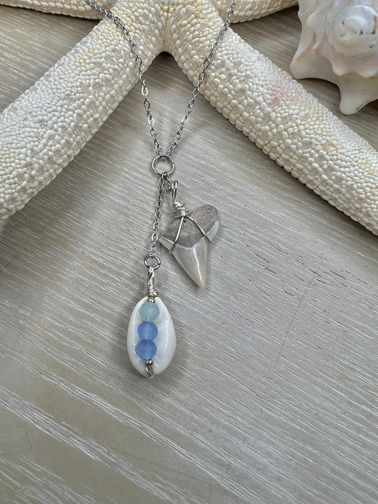 COASTal Cowgirl -shark tooth + Cowrie Lariat necklace