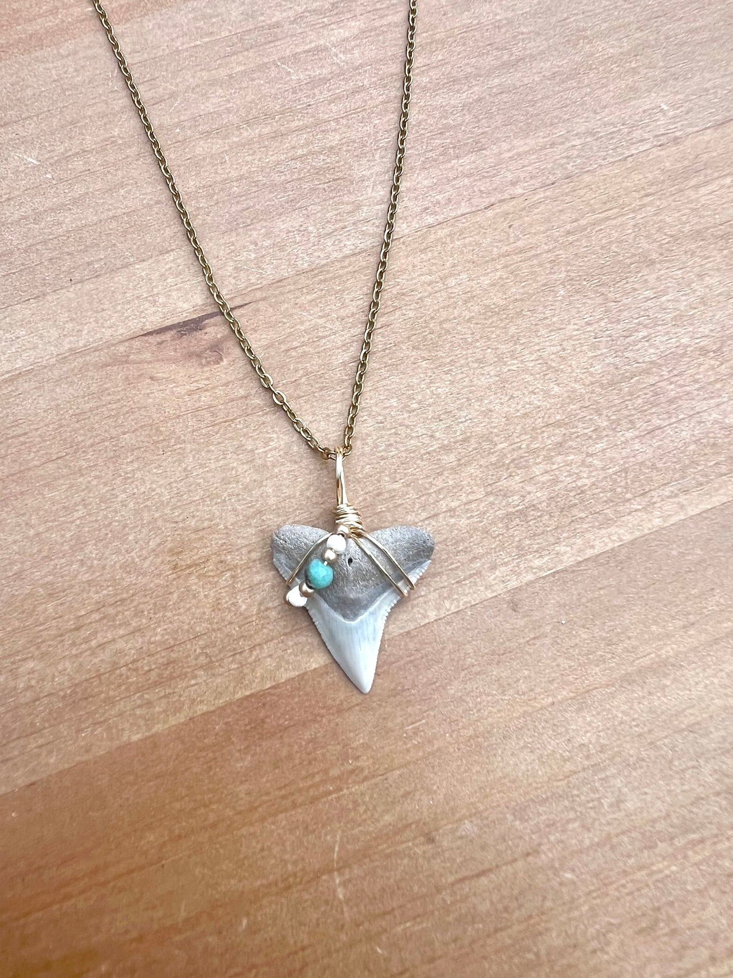 Cream colored Bull Shark tooth necklace with freshwater pearls and genuine turquoise