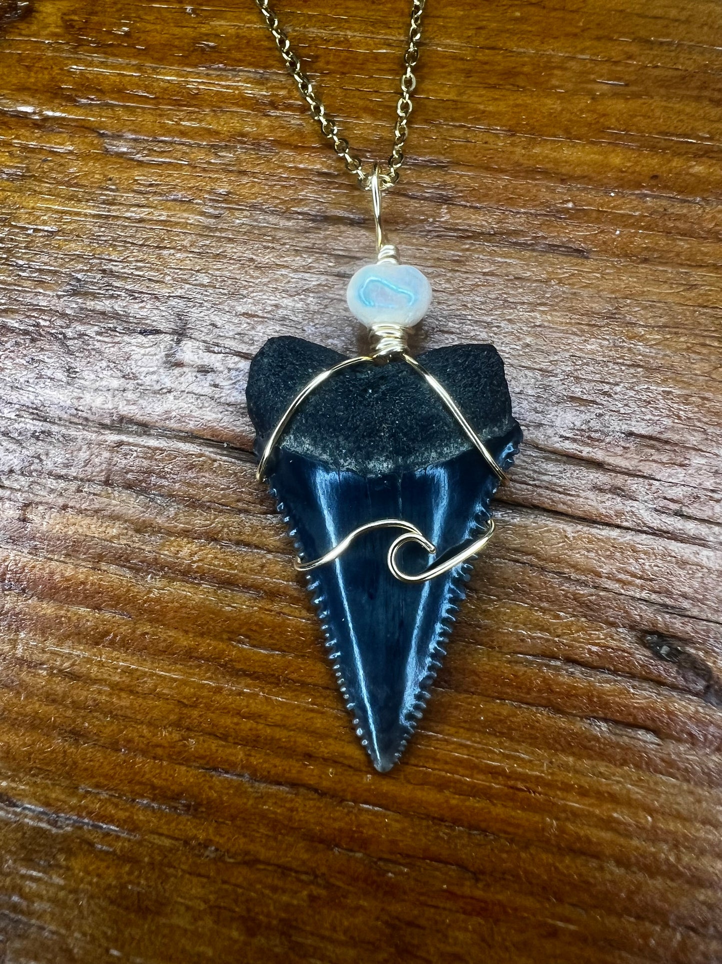 Pearly White- Great White Shark Tooth + Pearl and Wave Design