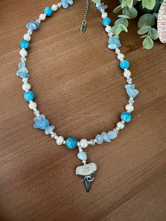 Calm Waters- Great White Shark tooth with aquamarine, Larimar, and freshwater pearls