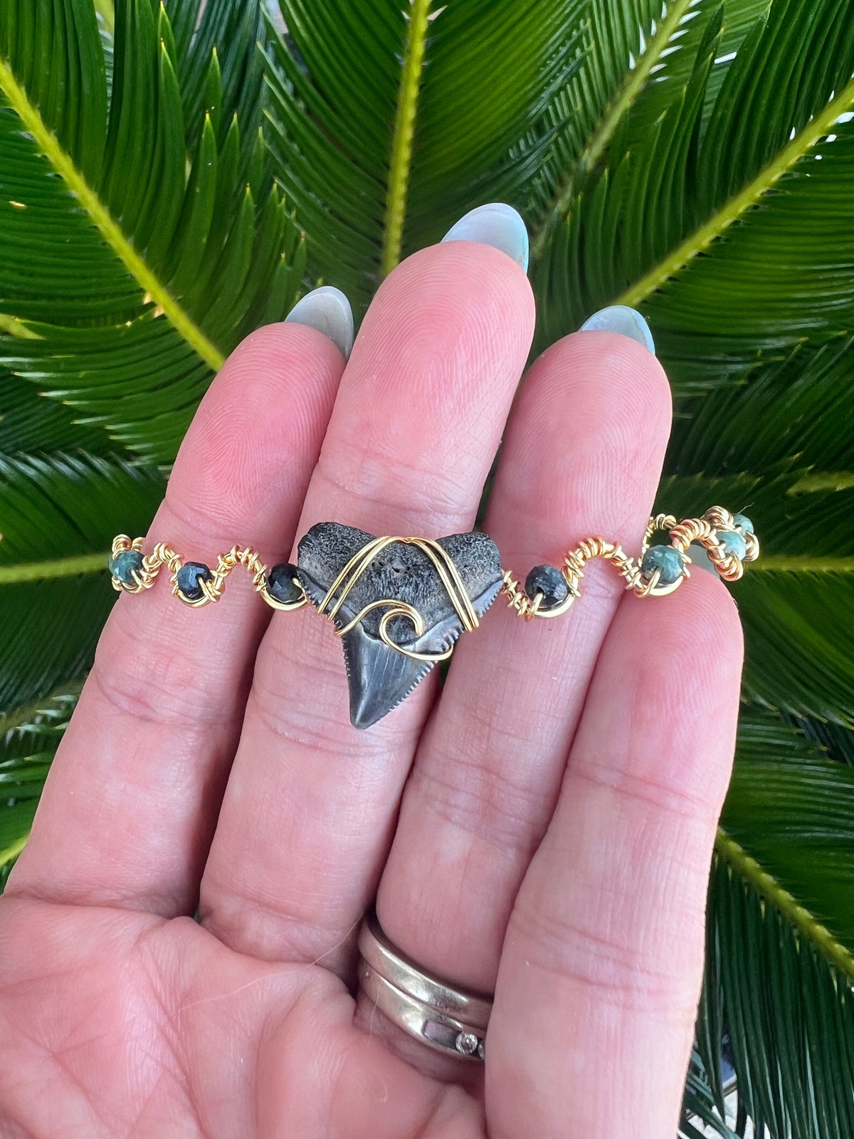 Shark tooth + Blue Tourmaline Gold Cuff Bracelet