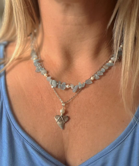 Aquamarine + Pearl + Bull Shark tooth necklace set