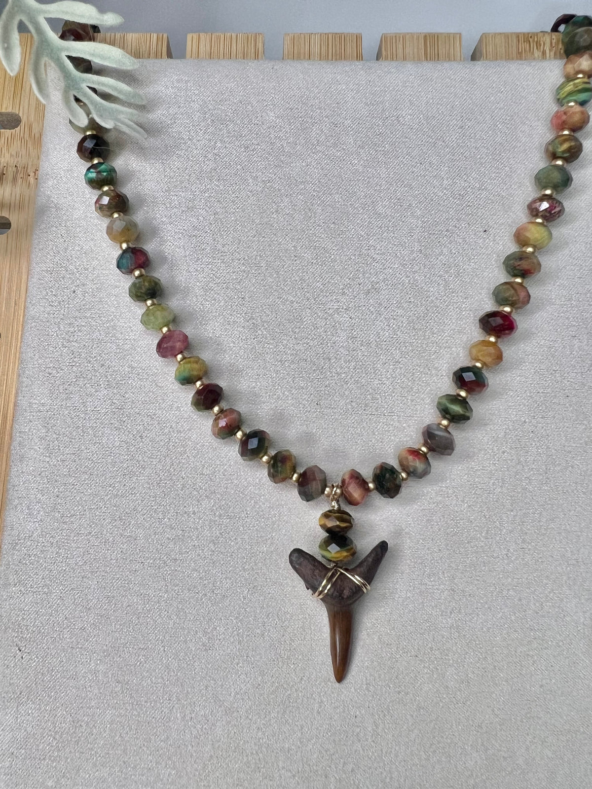 Chocolate Shark tooth and galaxy tiger eye bead necklace - one of a kind - rare fossil jewelry
