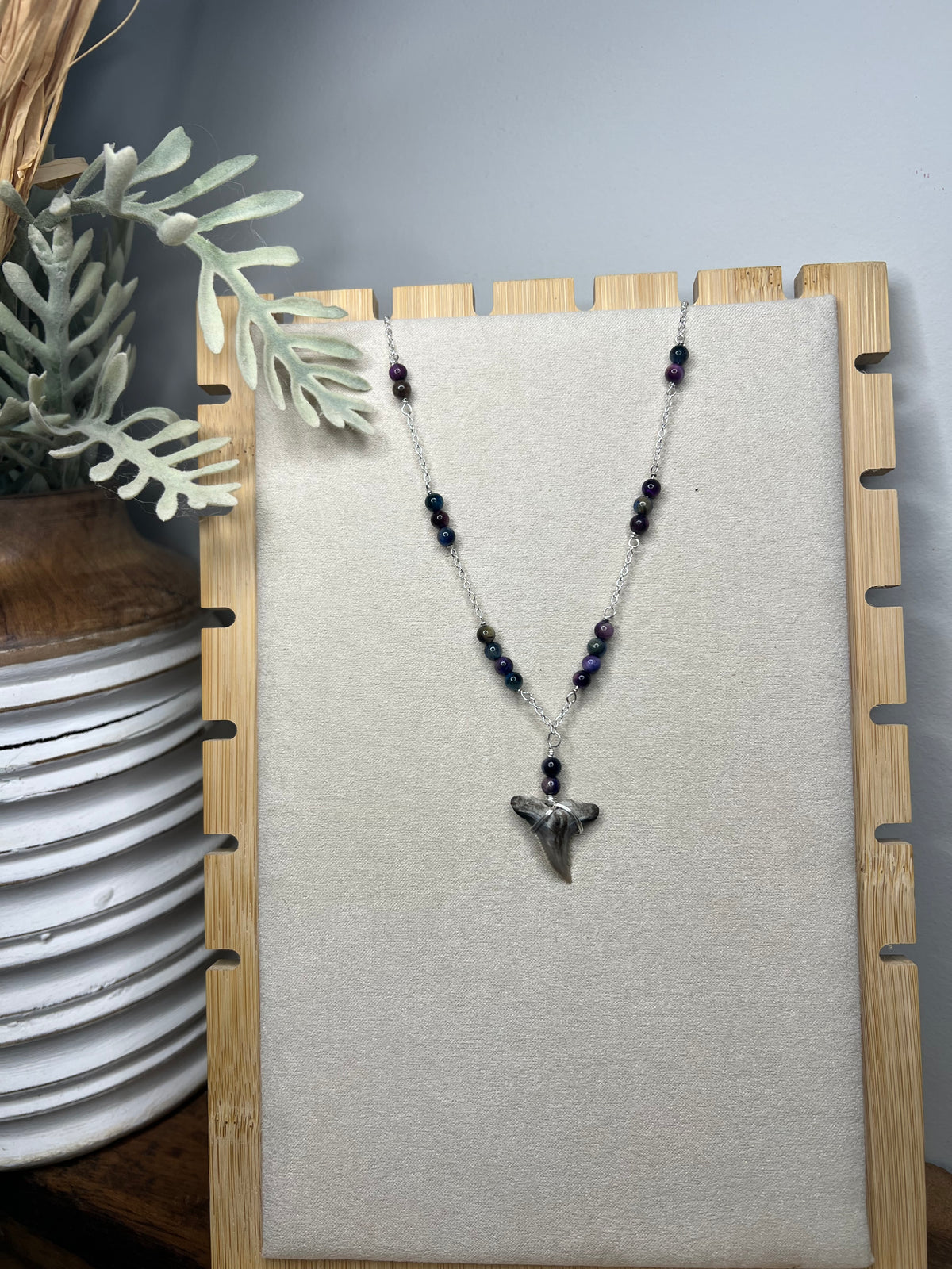 Aurora- Blue Galaxy Tiger Eye & Stunning Gray Hemipristis Shark Tooth Necklace