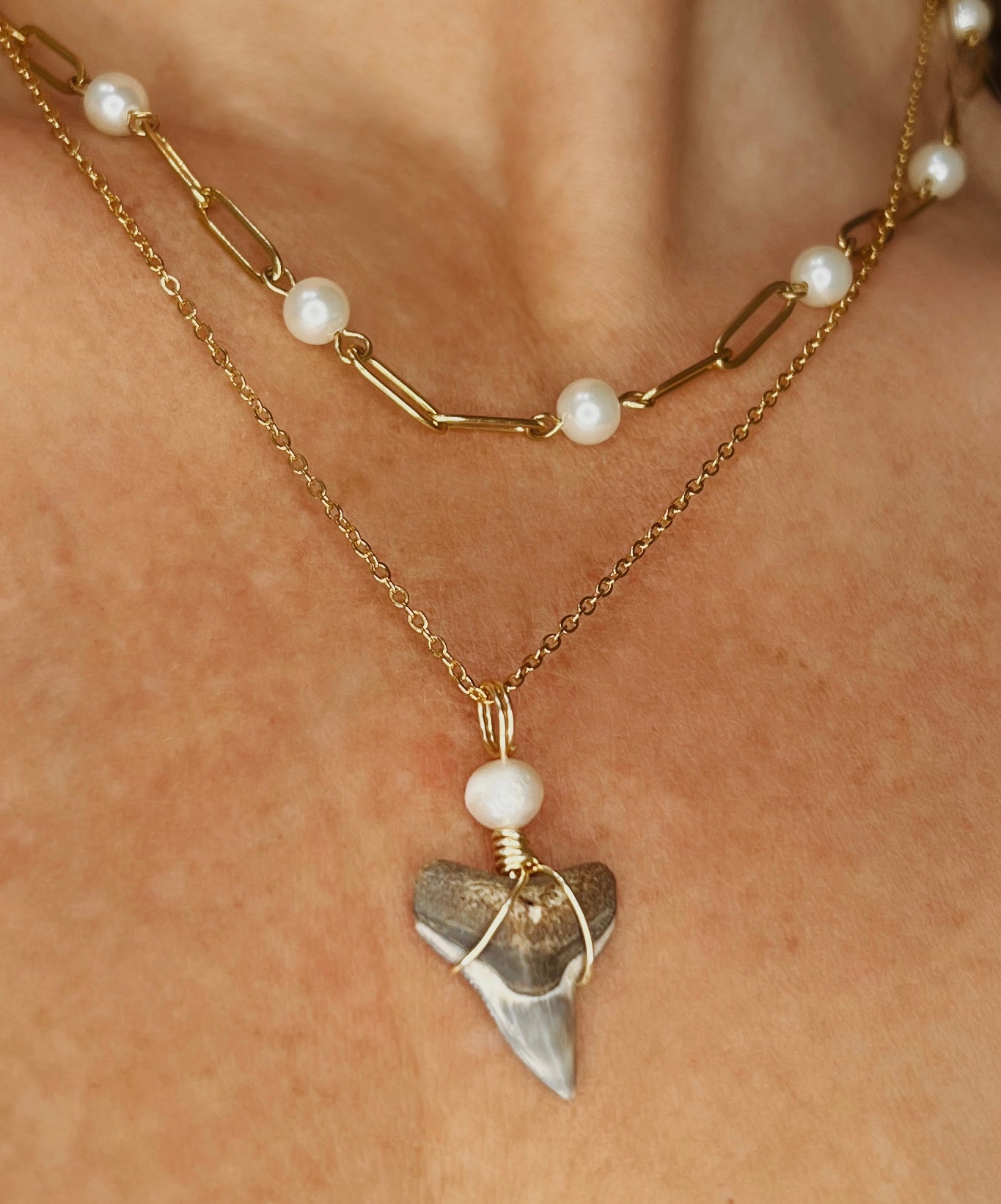 Ocean Boulevard - Layered Pearl and Shark Tooth Necklace