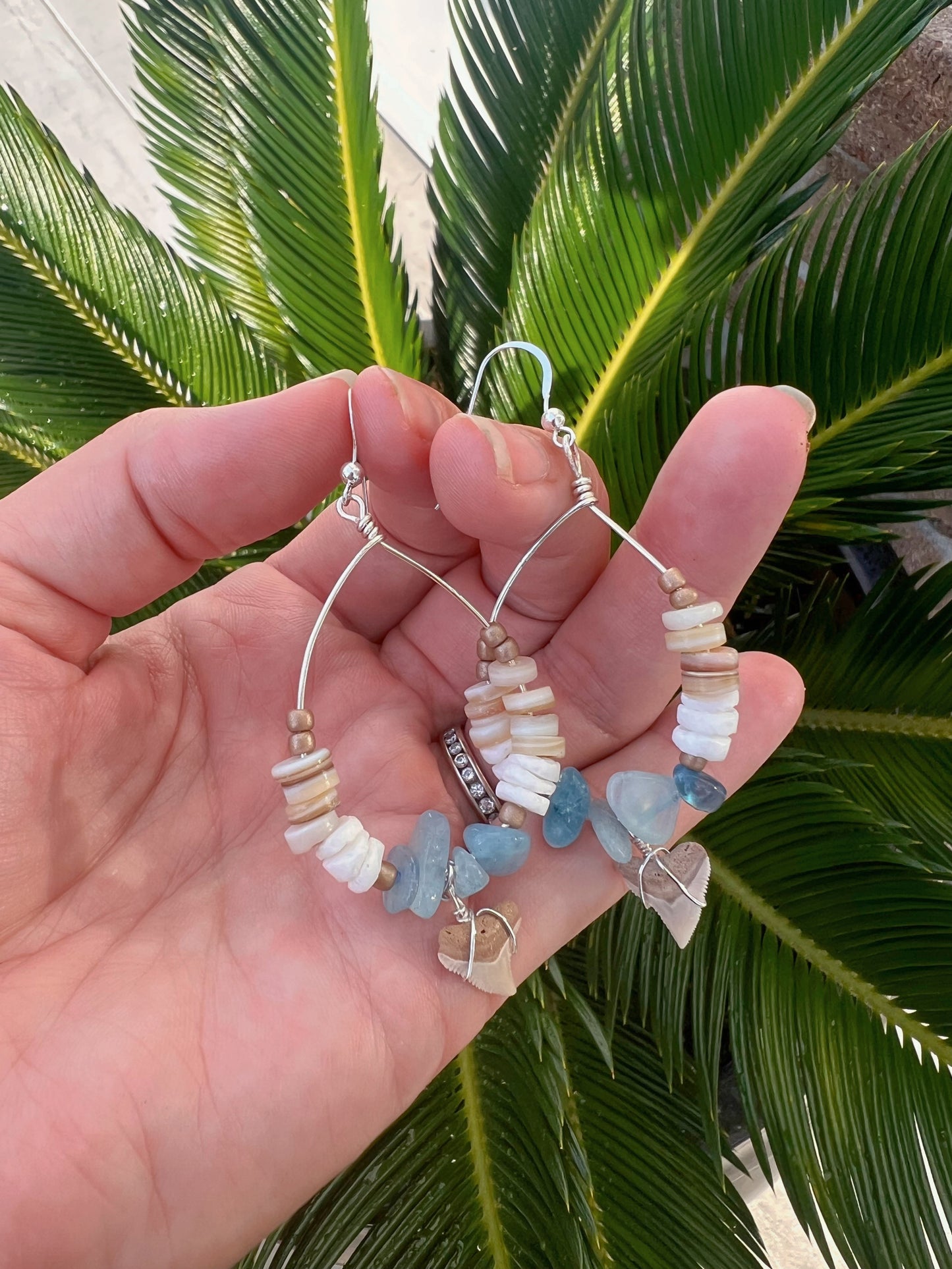 Ocean Myst - Shark Tooth + Aquamarine Earrings