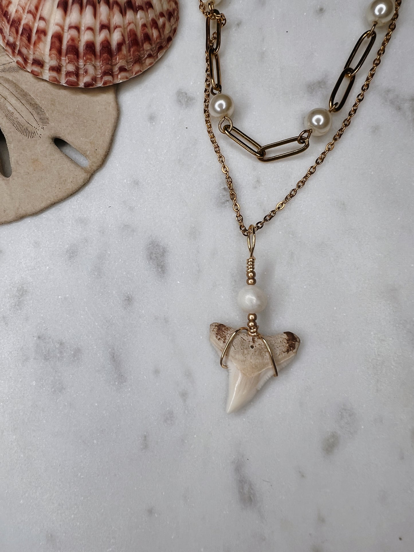 Ocean Boulevard - Layered Pearl and Shark Tooth Necklace