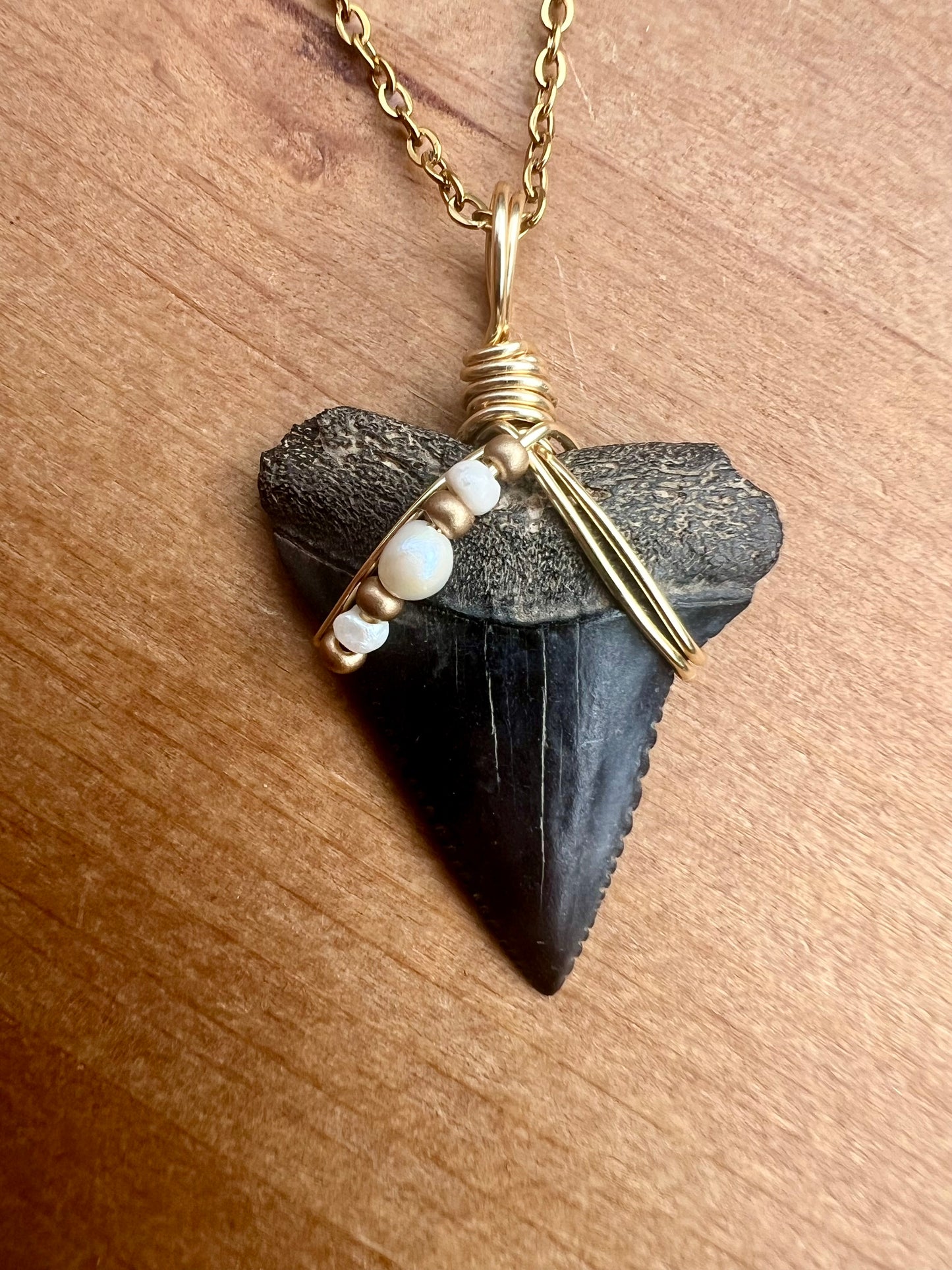 Great White Shark tooth necklace with freshwater pearls