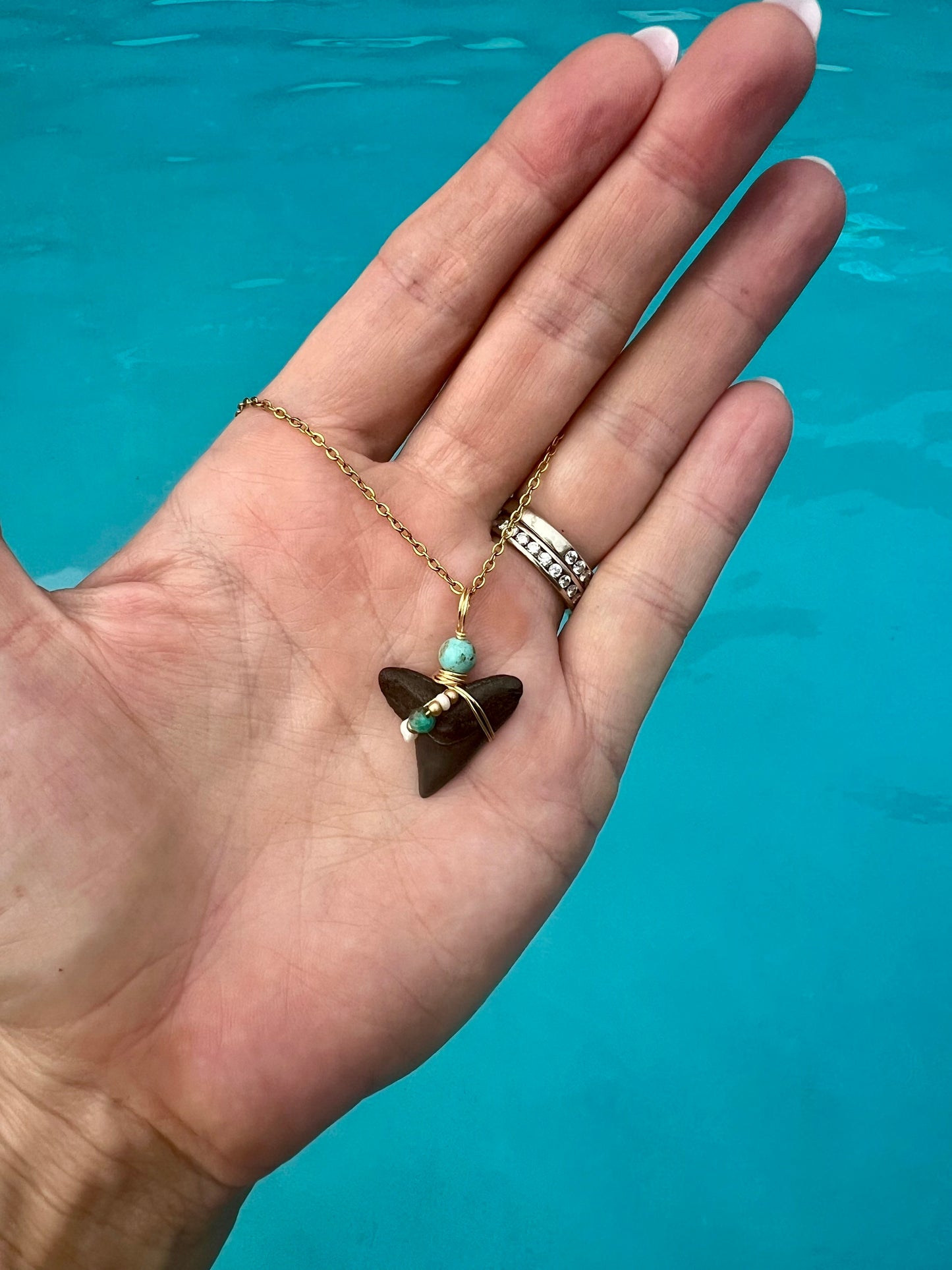 Bull Shark tooth necklace with freshwater pearls and genuine turquoise