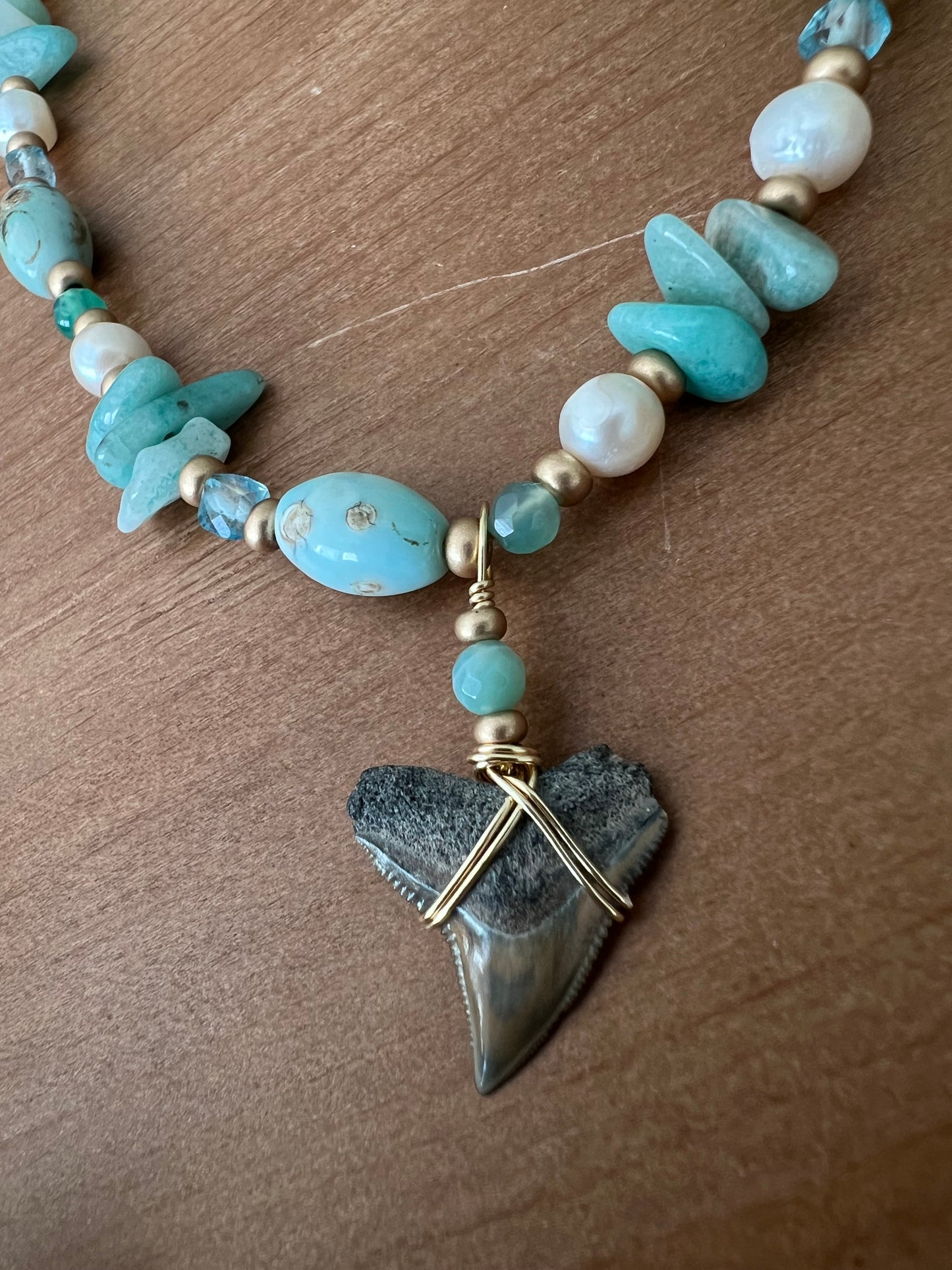 Coastal Reef-Bull Shark tooth necklace with dragon skin agate, blue topaz, light green jade, Amazonite, and freshwater pearls details
