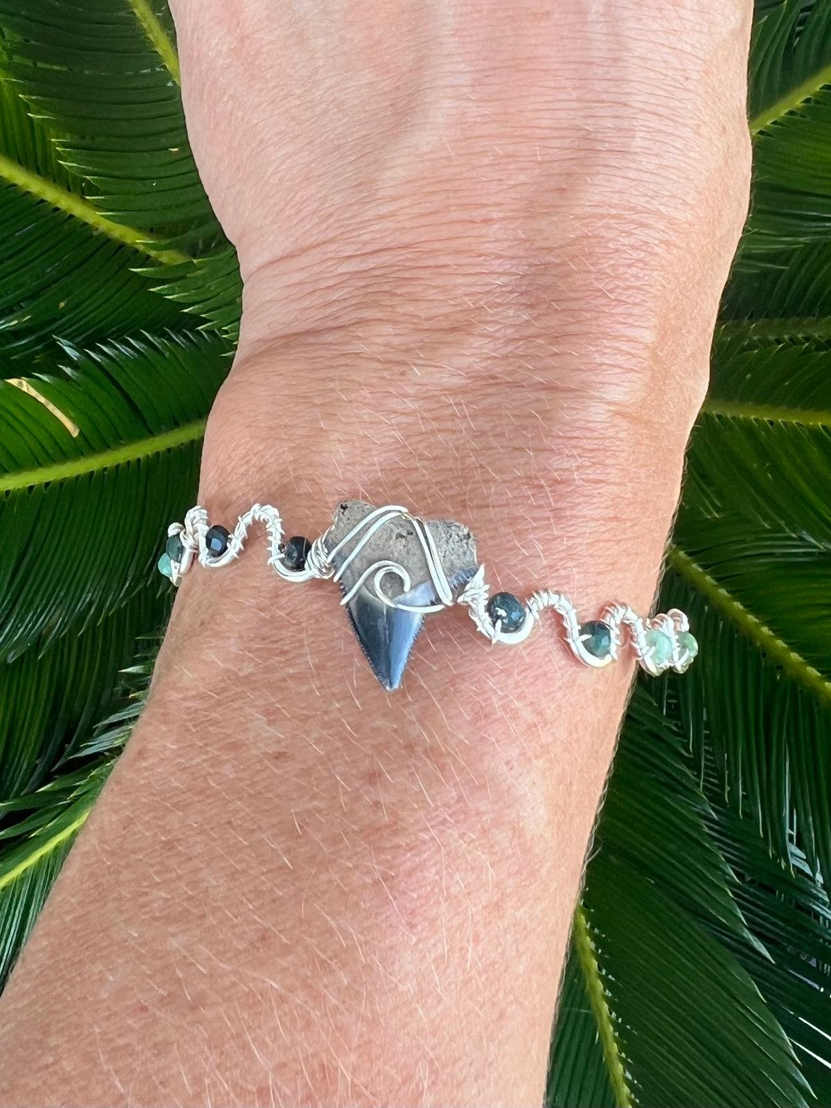 Shark tooth + Blue Tourmaline Silver Cuff Bracelet