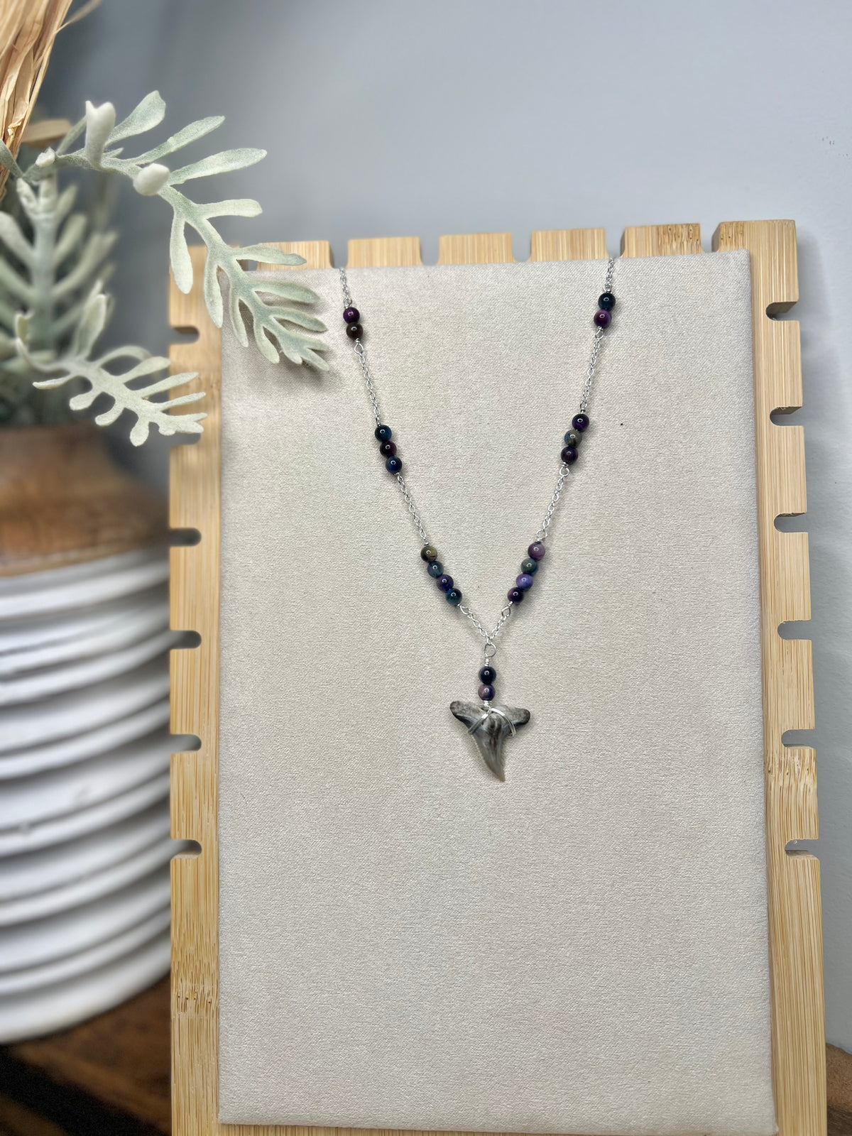 Aurora- Blue Galaxy Tiger Eye & Stunning Gray Hemipristis Shark Tooth Necklace