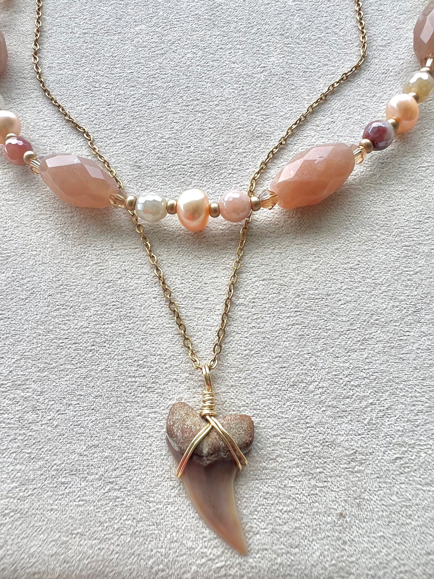 Peach Moonstone, pearls, silk jade, Planus (hooked Mako) Shark tooth necklace