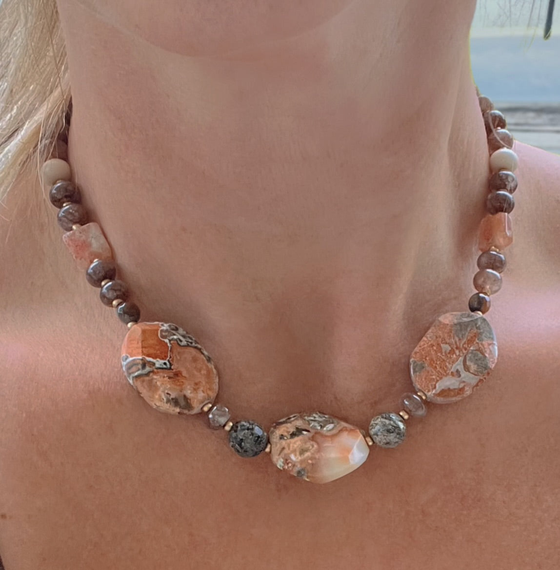 Terra Sol- Mushroom Jasper, Opal & Sunstone Gemstone Necklace