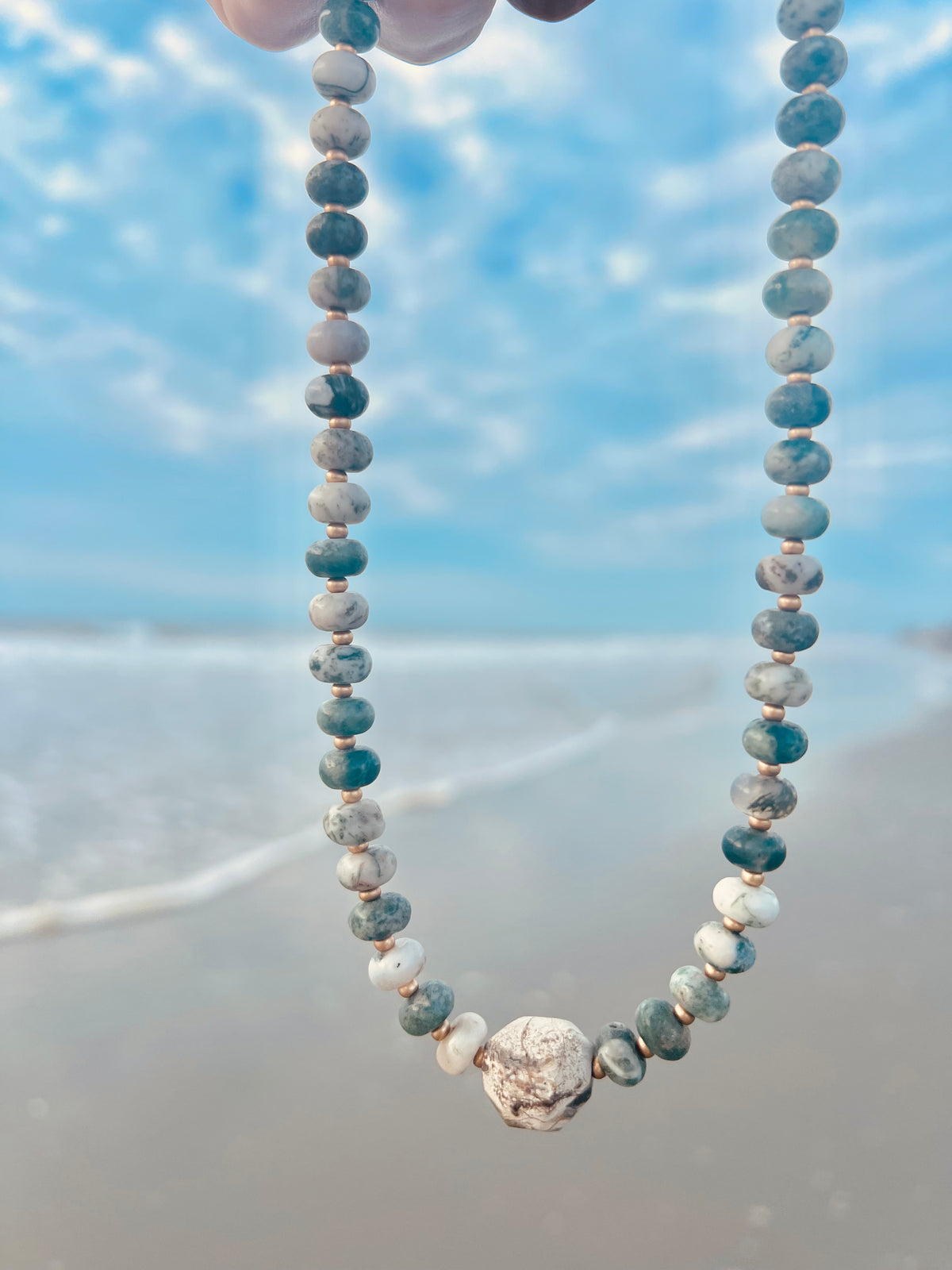 Mossy tides- Green marbled rondelle with Mushroom Jasper bead necklace