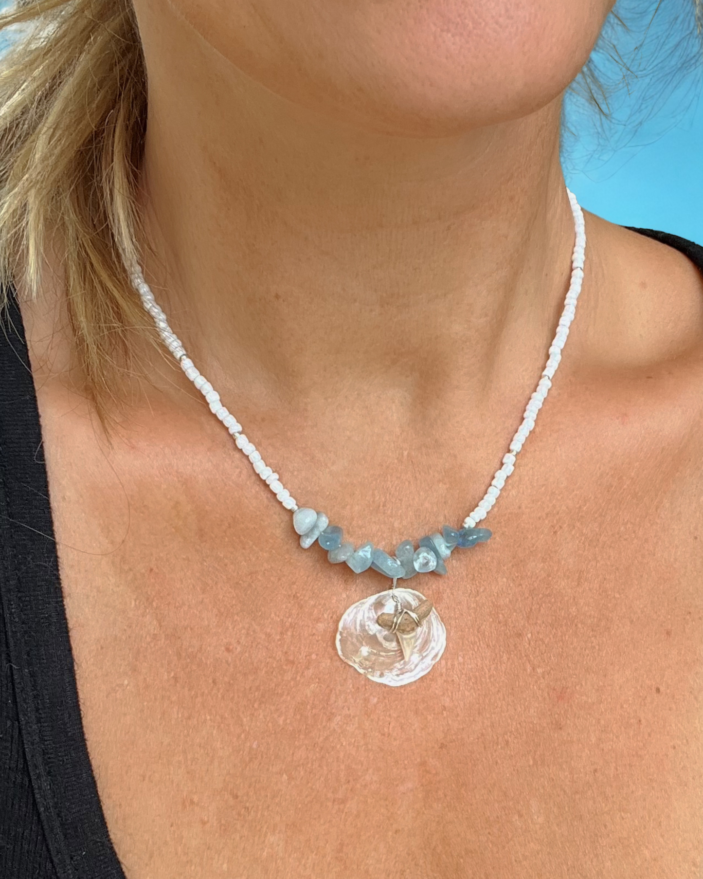 Ocean Spirit – Shark Tooth Necklace with Jingle Shell and Aquamarine Accents