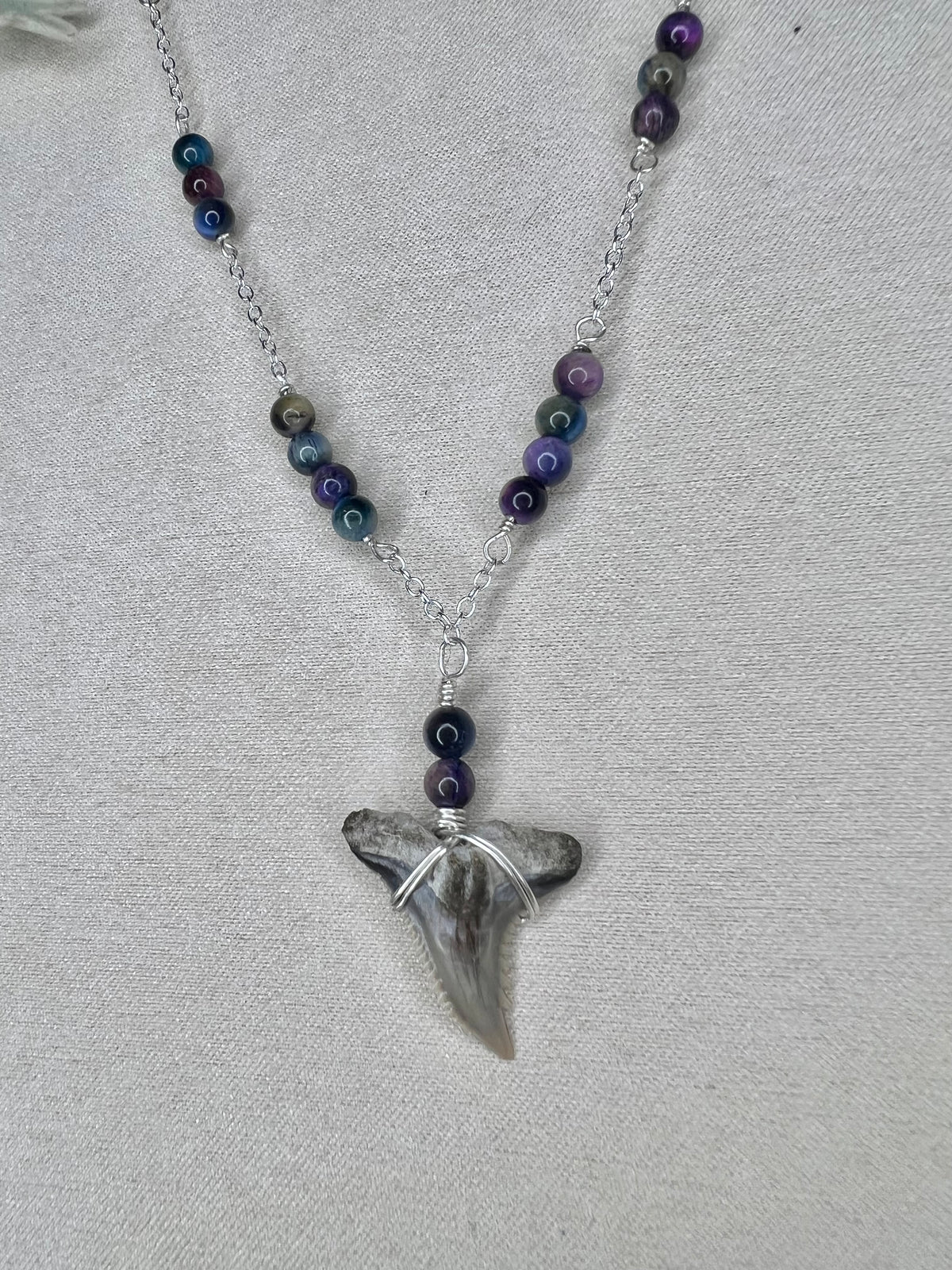 Aurora- Blue Galaxy Tiger Eye & Stunning Gray Hemipristis Shark Tooth Necklace