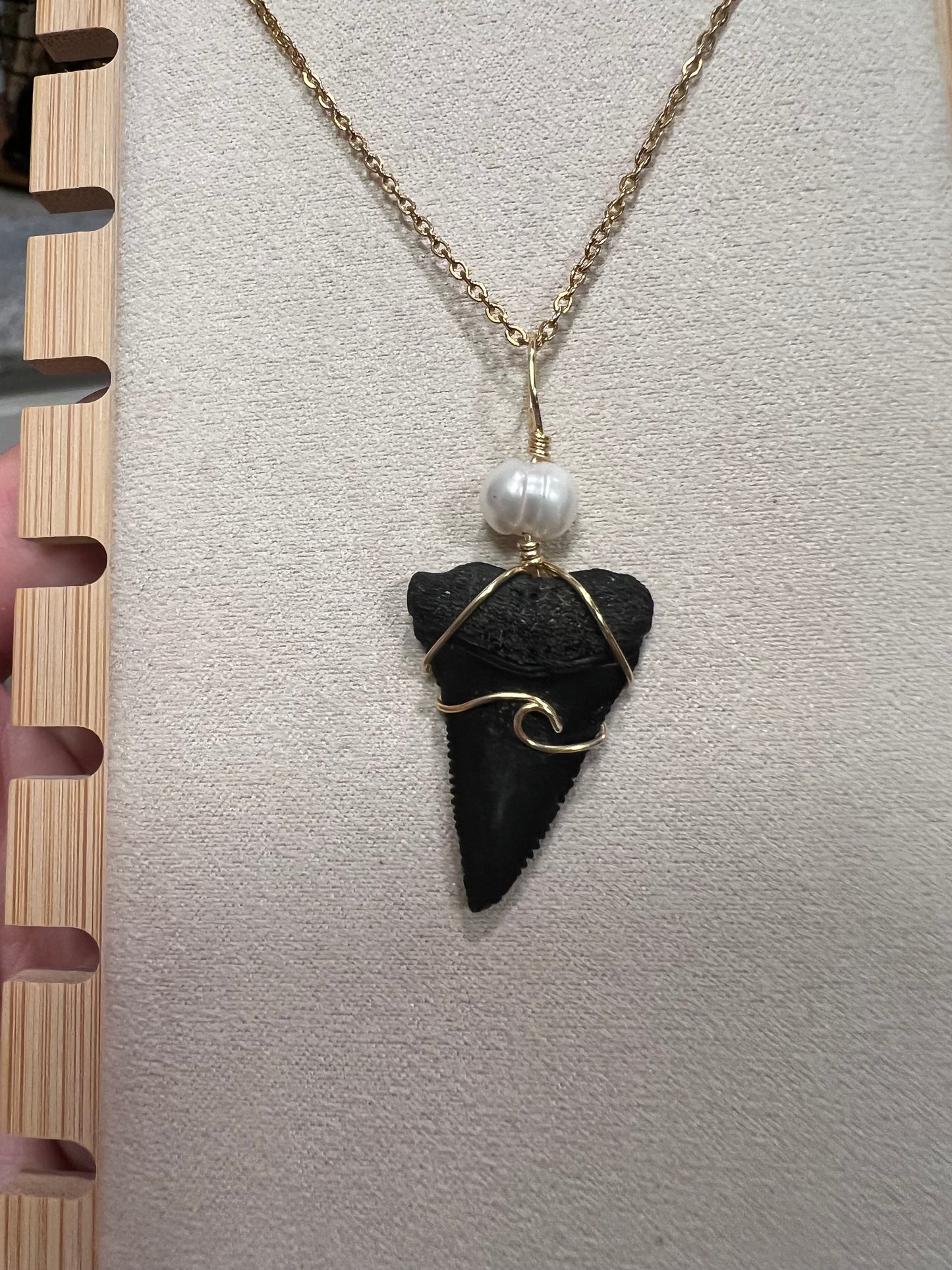 Pearly White- Great White Shark Tooth + Pearl and Wave Design