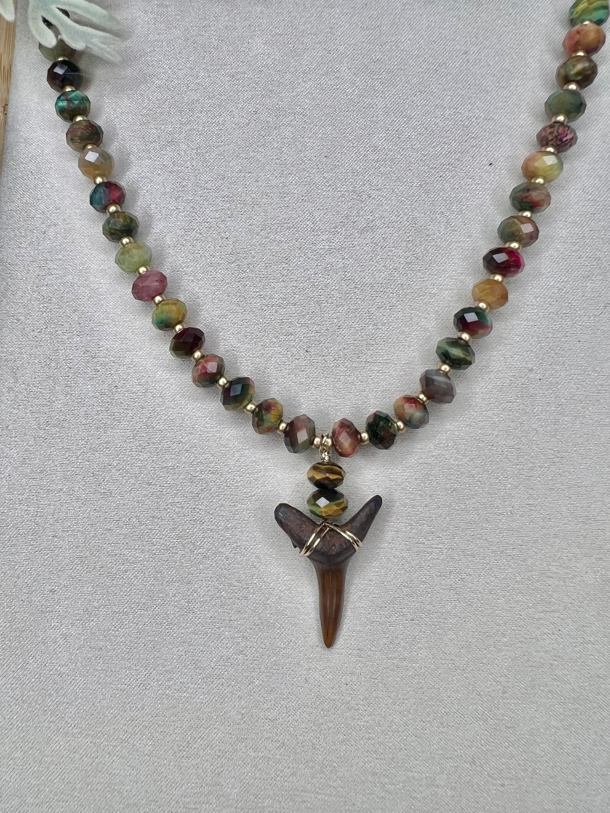 Chocolate Shark tooth and galaxy tiger eye bead necklace - one of a kind - rare fossil jewelry