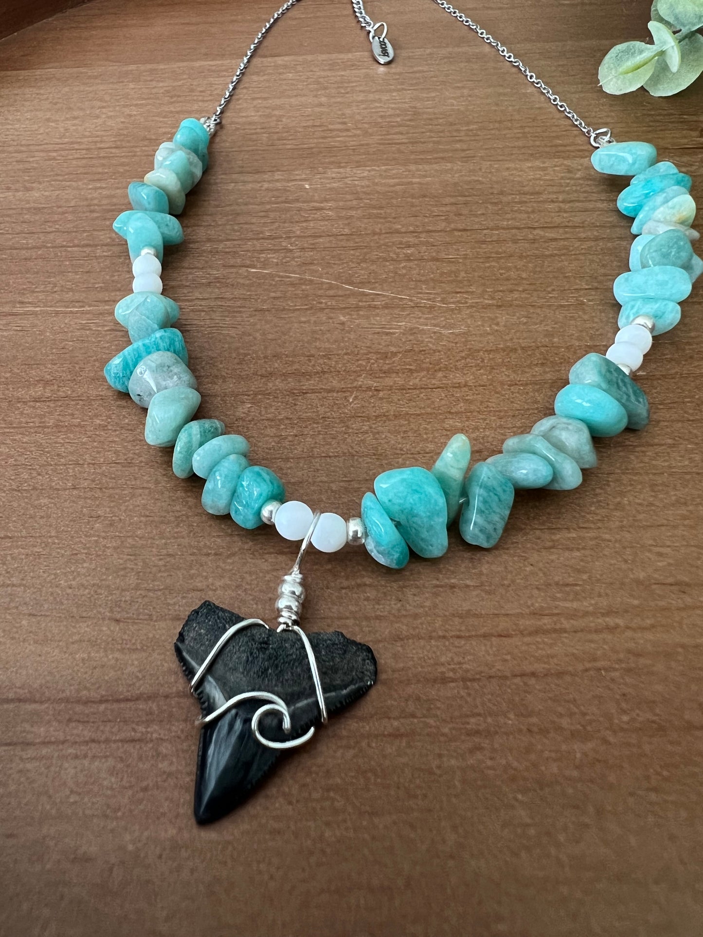 Tidal Break- Fossilized bull shark with wave design + Amazonite and white shell beads