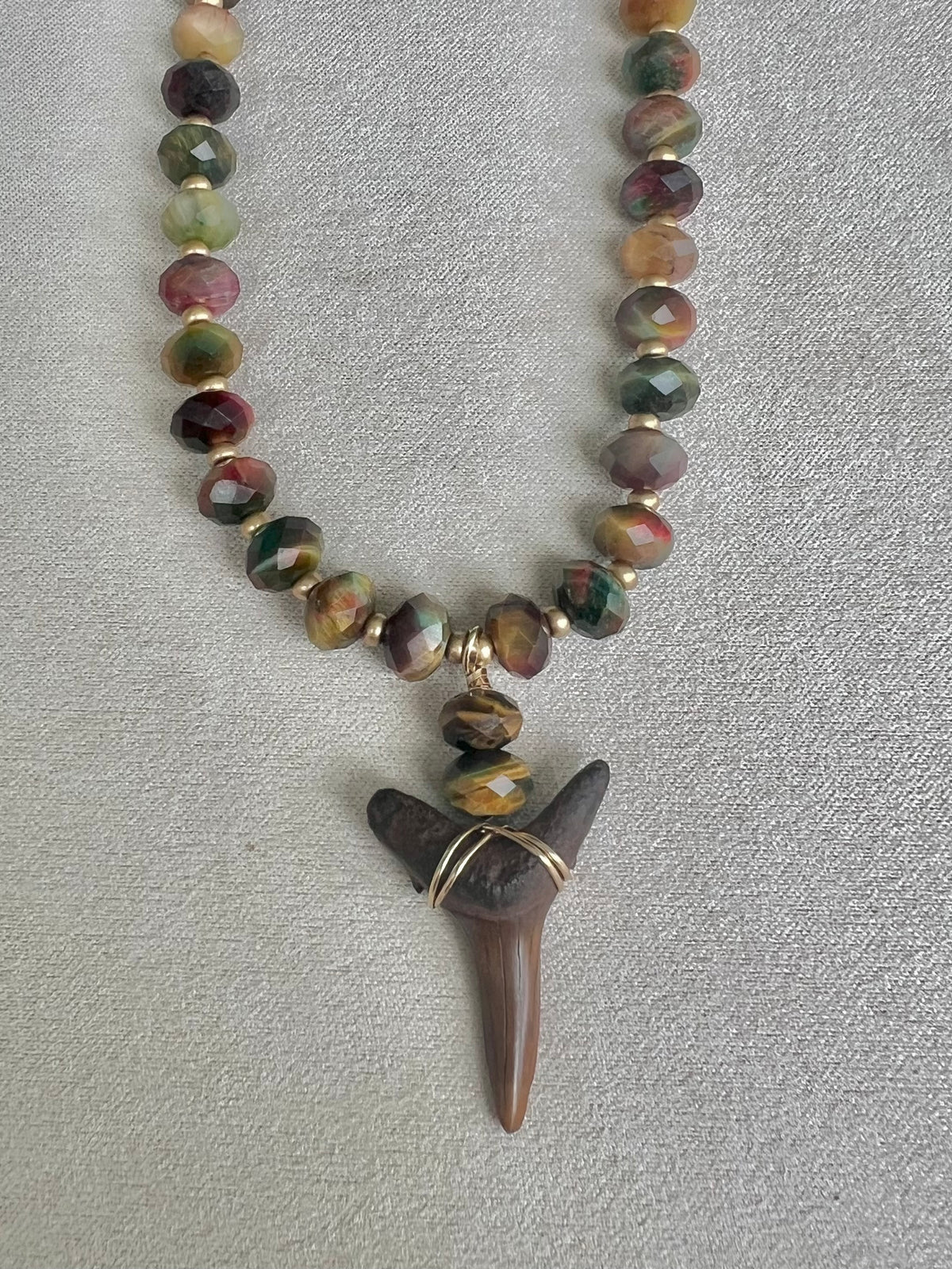 Chocolate Shark tooth and galaxy tiger eye bead necklace - one of a kind - rare fossil jewelry