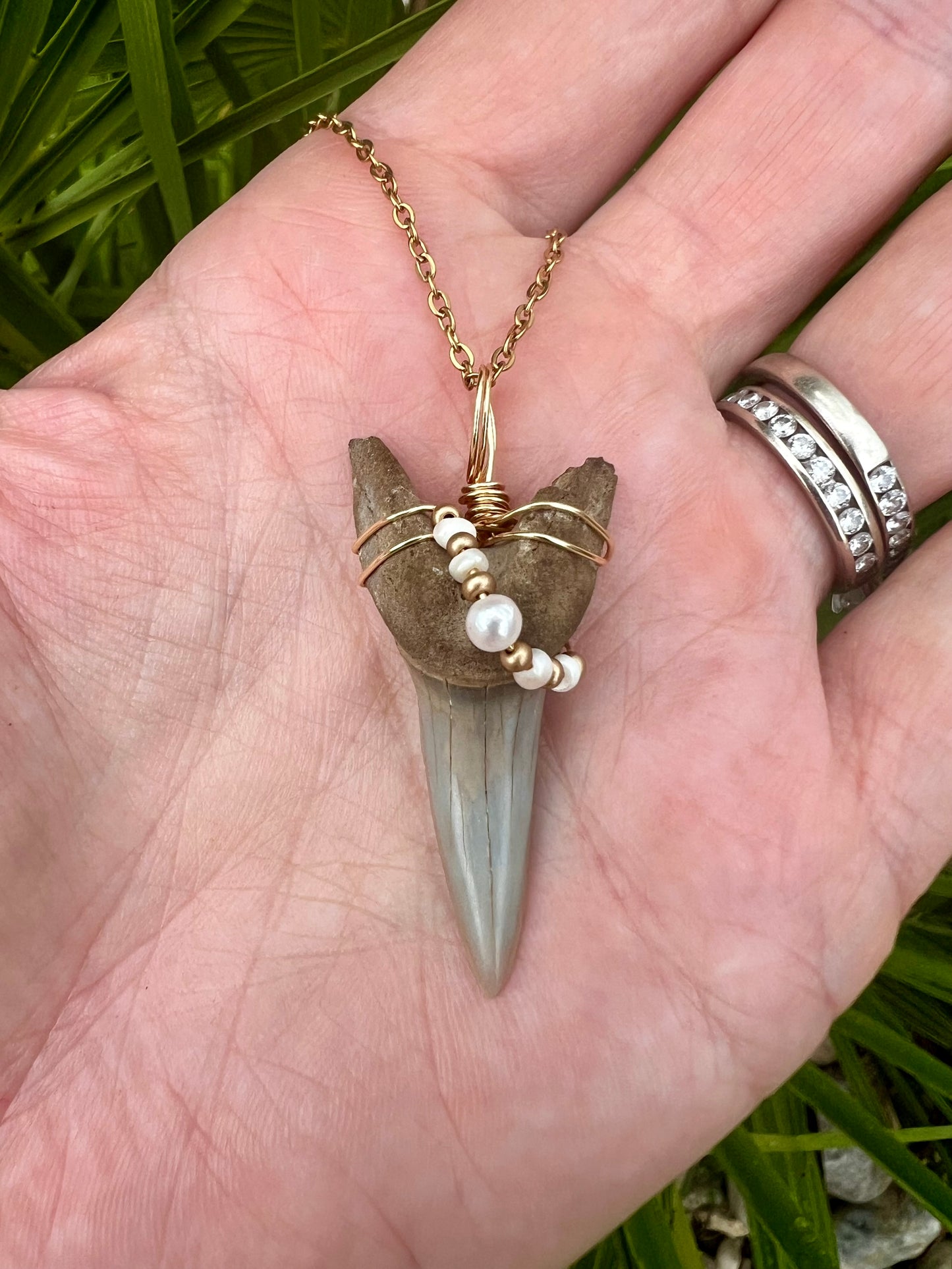Shark tooth necklace with mini freshwater pearls