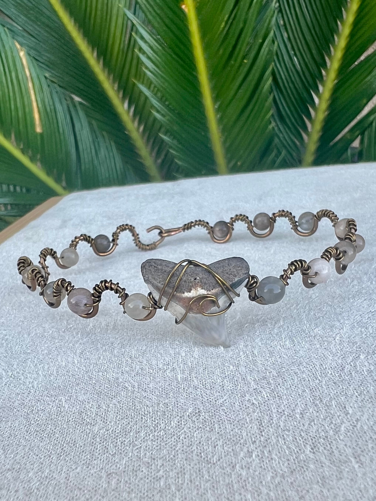 Shark tooth + moonstone bronze cuff bracelet
