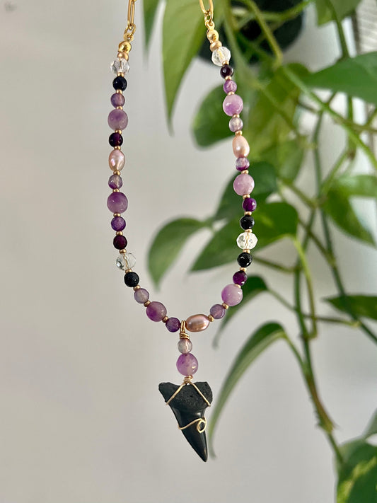 Violet Tides Collection- Gold: purple jade, Botswana, pearl, and fossilized Mako shark tooth necklace