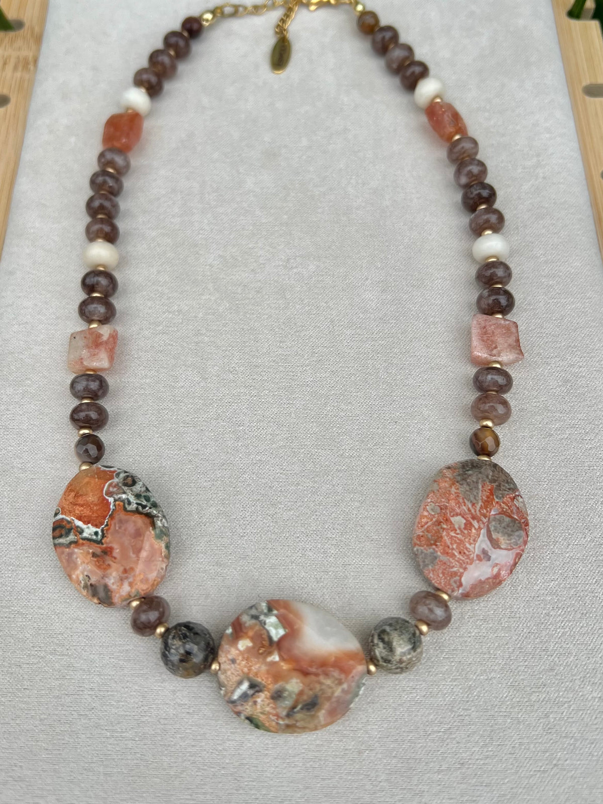 Terra Sol- Mushroom Jasper, Opal & Sunstone Gemstone Necklace
