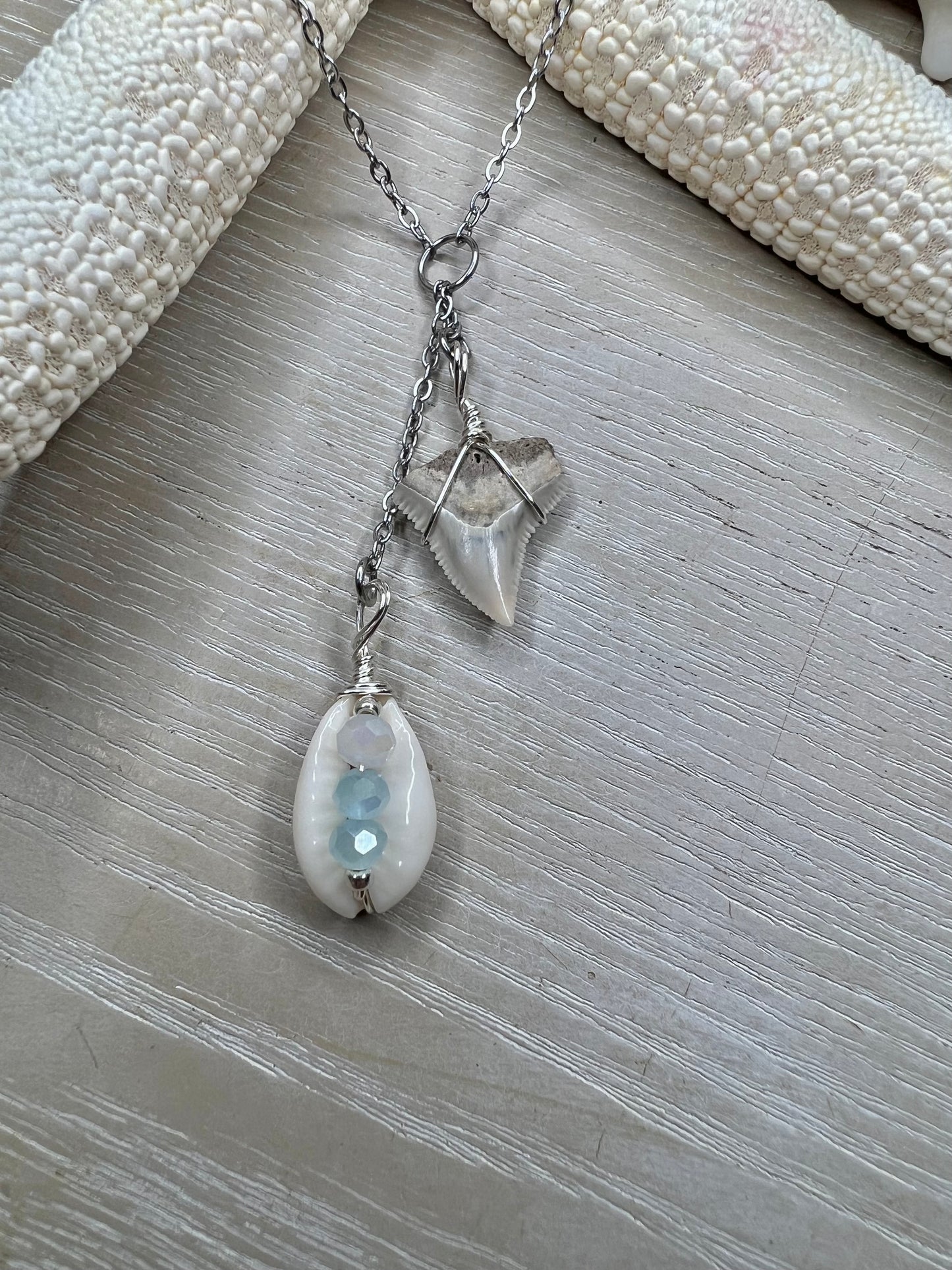 COASTal Cowgirl -shark tooth + Cowrie Lariat necklace