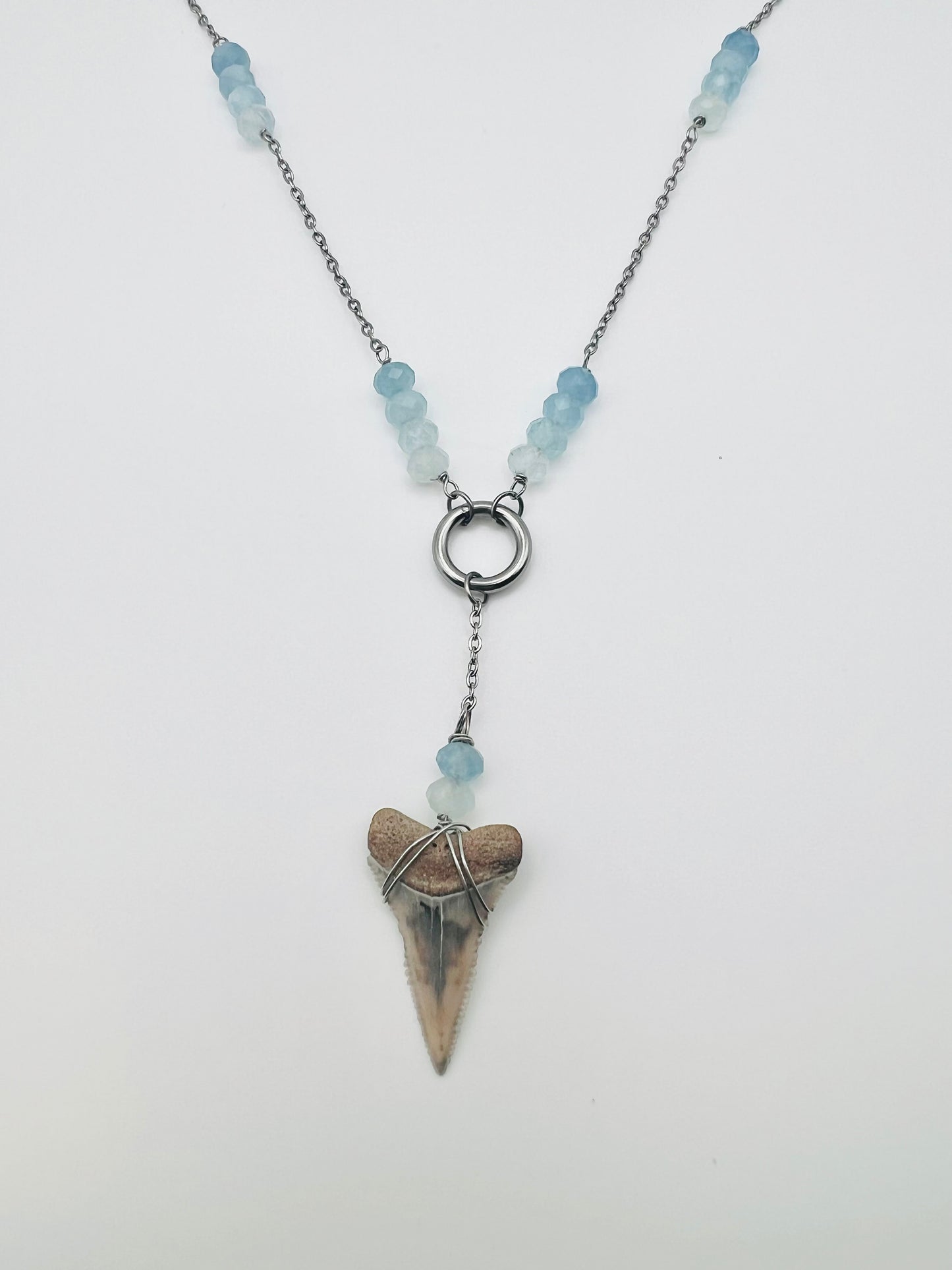 Aquamarine + Cream Great White Shark tooth necklace