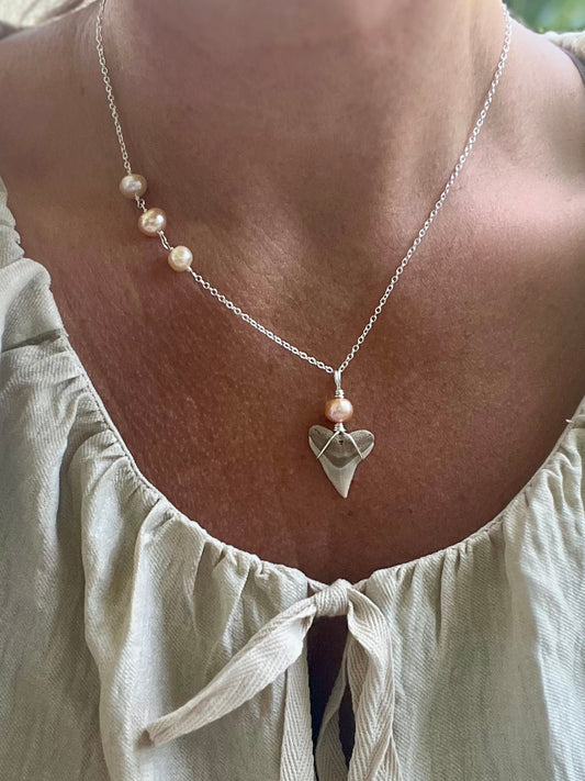 Salt & Pearl- Carolina Cream Bull Shark tooth with peach pearls-Sterling silver