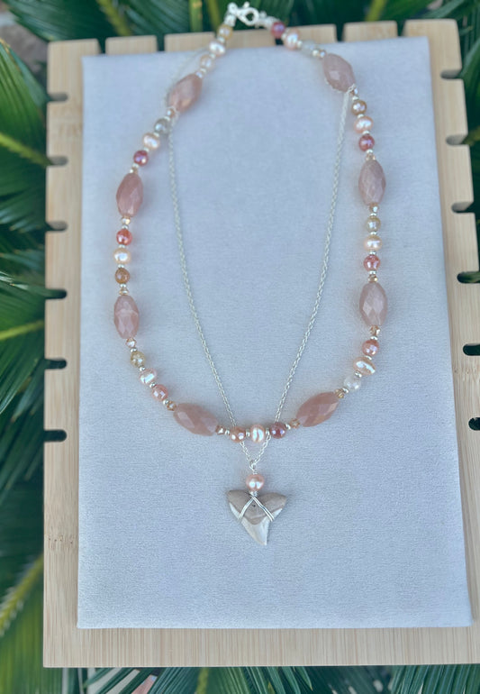 Peach Horizon- Peach moonstone pearls and mystic Jade with Carolina cream bull shark tooth - sterling silver- two layer necklace