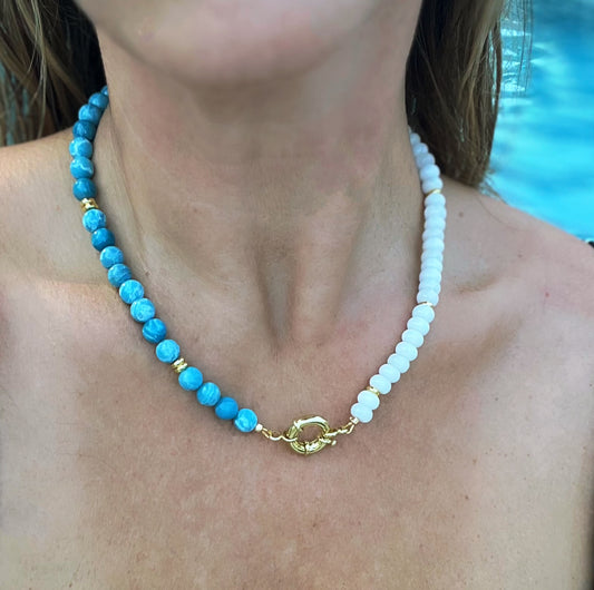 Larimar, white jade beaded necklace with gold-filled sailor charm clasp