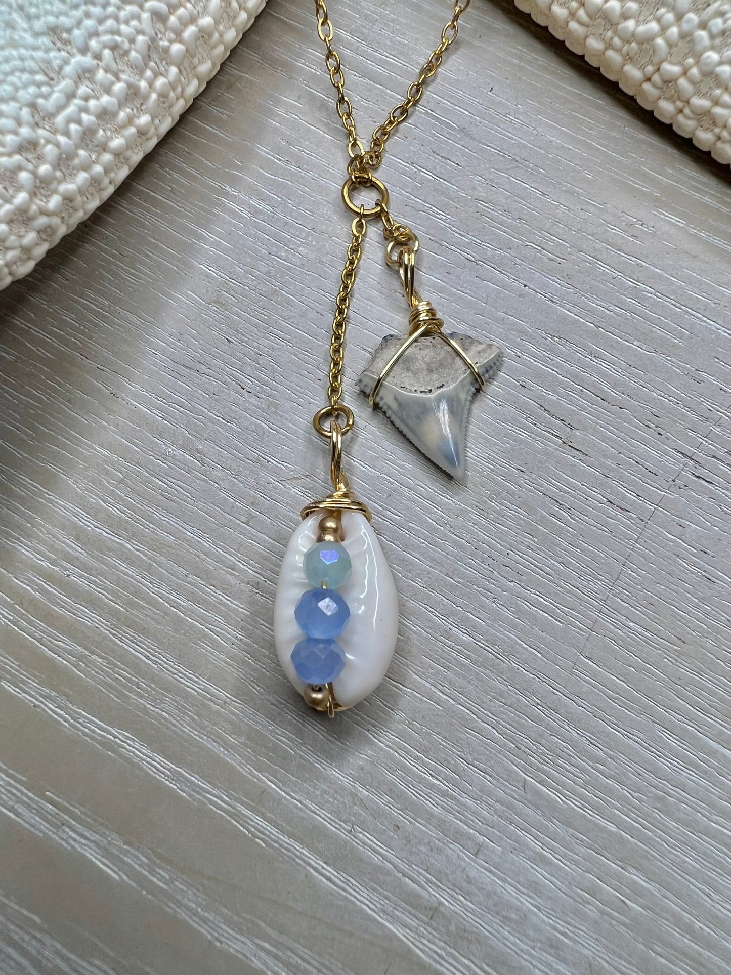 COASTal Cowgirl -shark tooth + Cowrie Lariat necklace