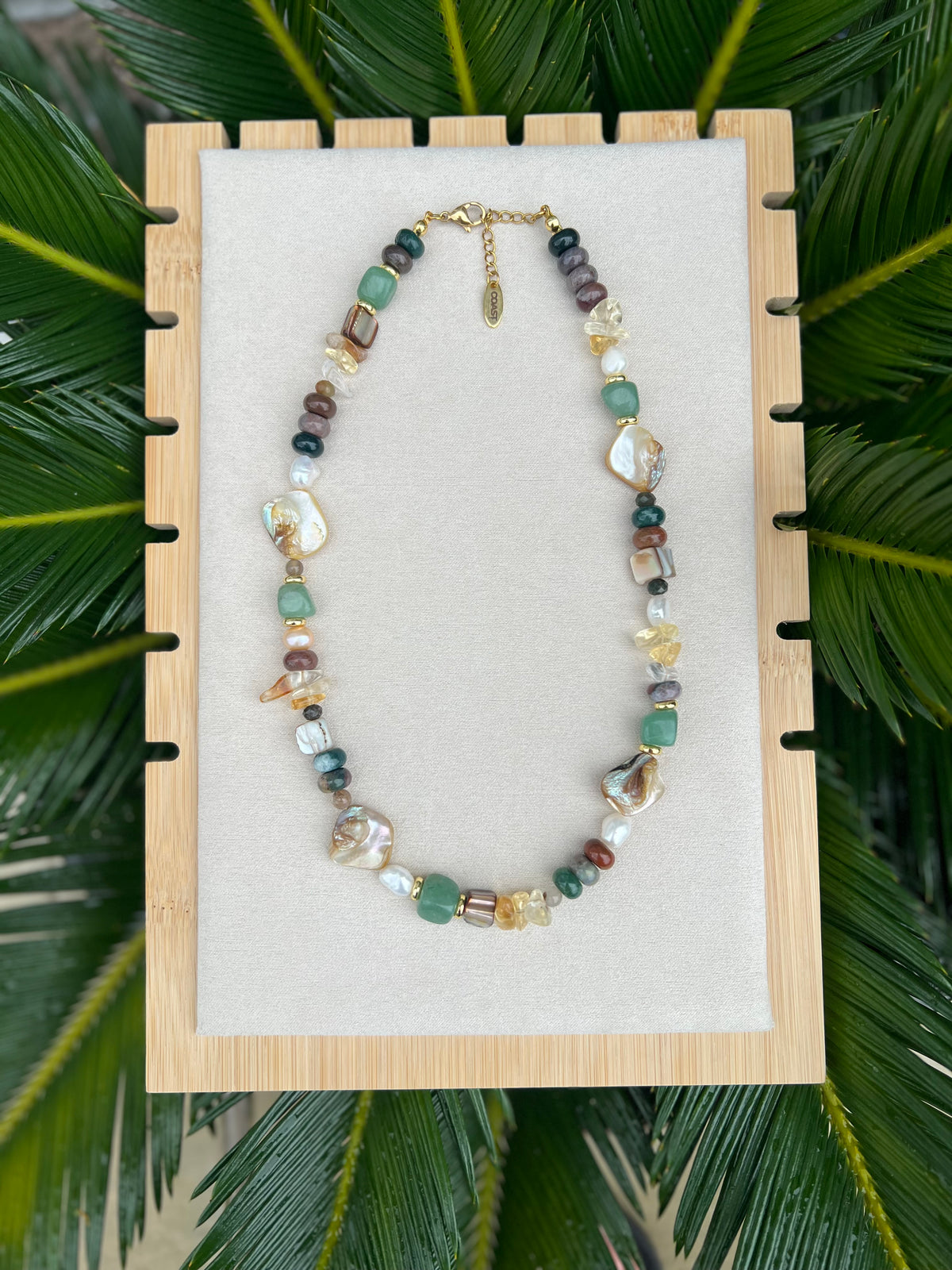 Tidal renewal- citrine, green aventurine, freshwater pearls, shells, and Indian agate beaded necklace - grounding jewelry