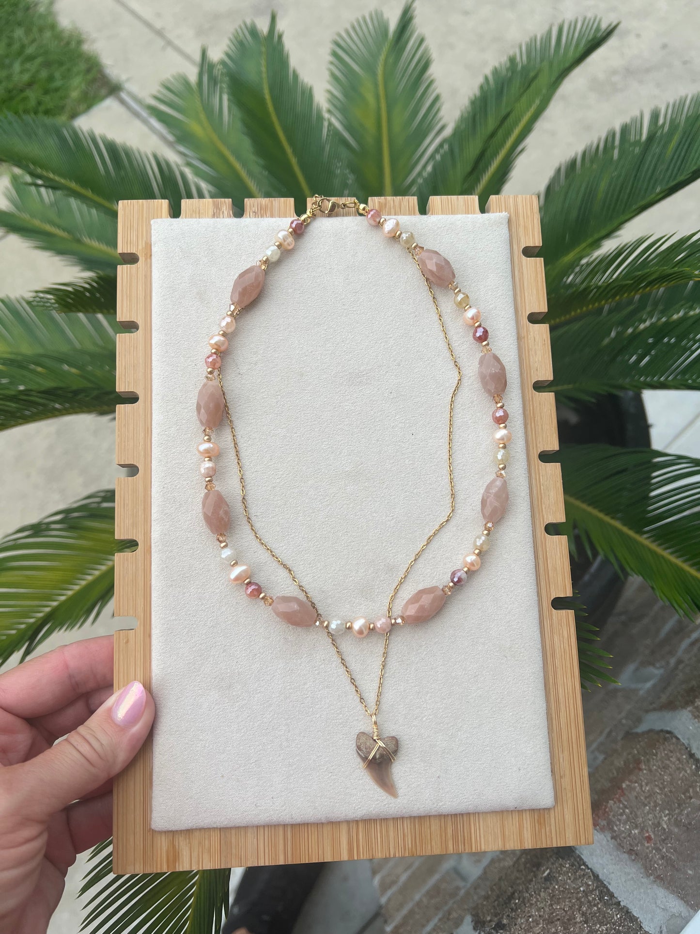 Peach Moonstone, pearls, silk jade, Planus (hooked Mako) Shark tooth necklace