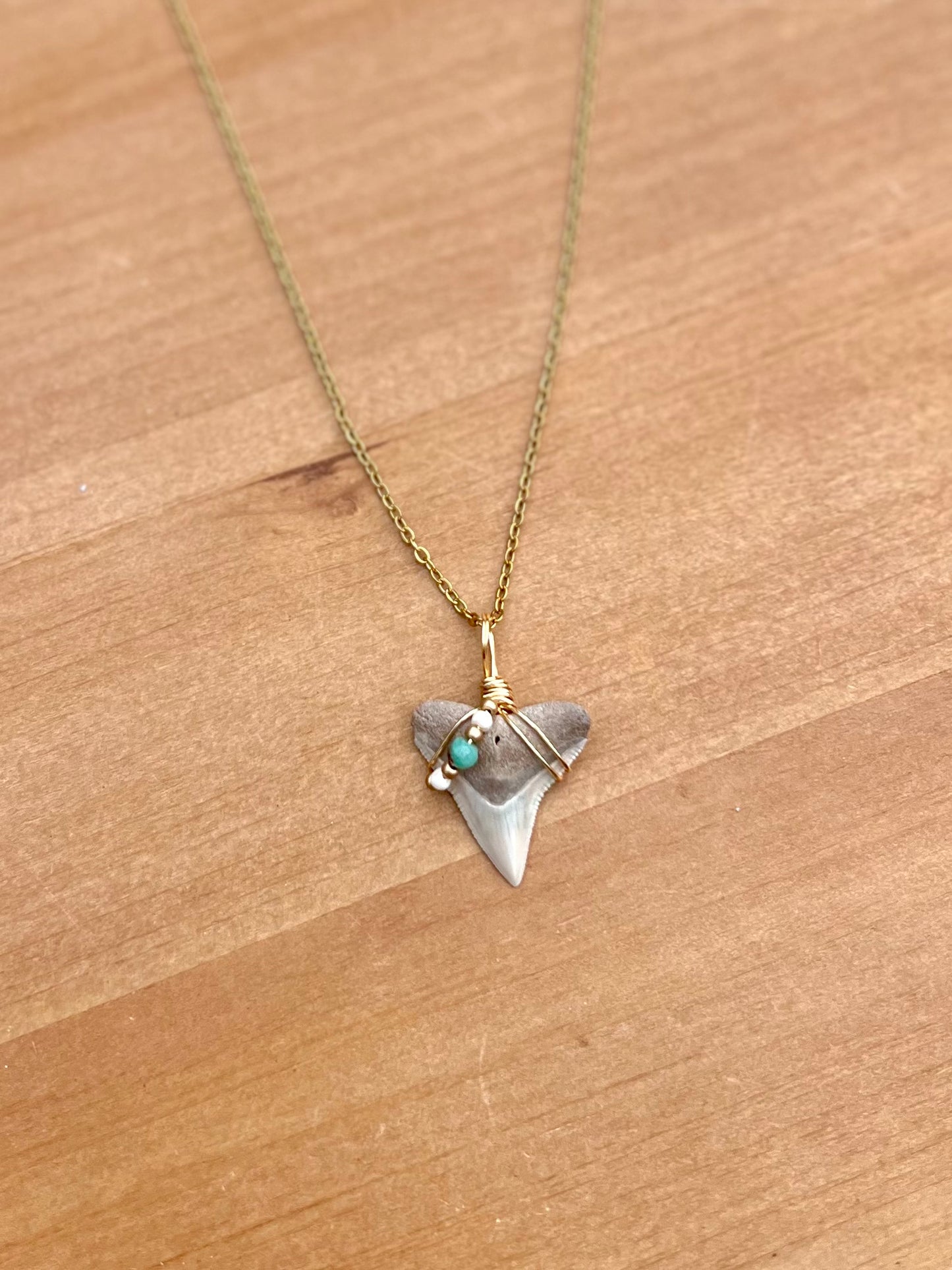Cream colored Bull Shark tooth necklace with freshwater pearls and genuine turquoise