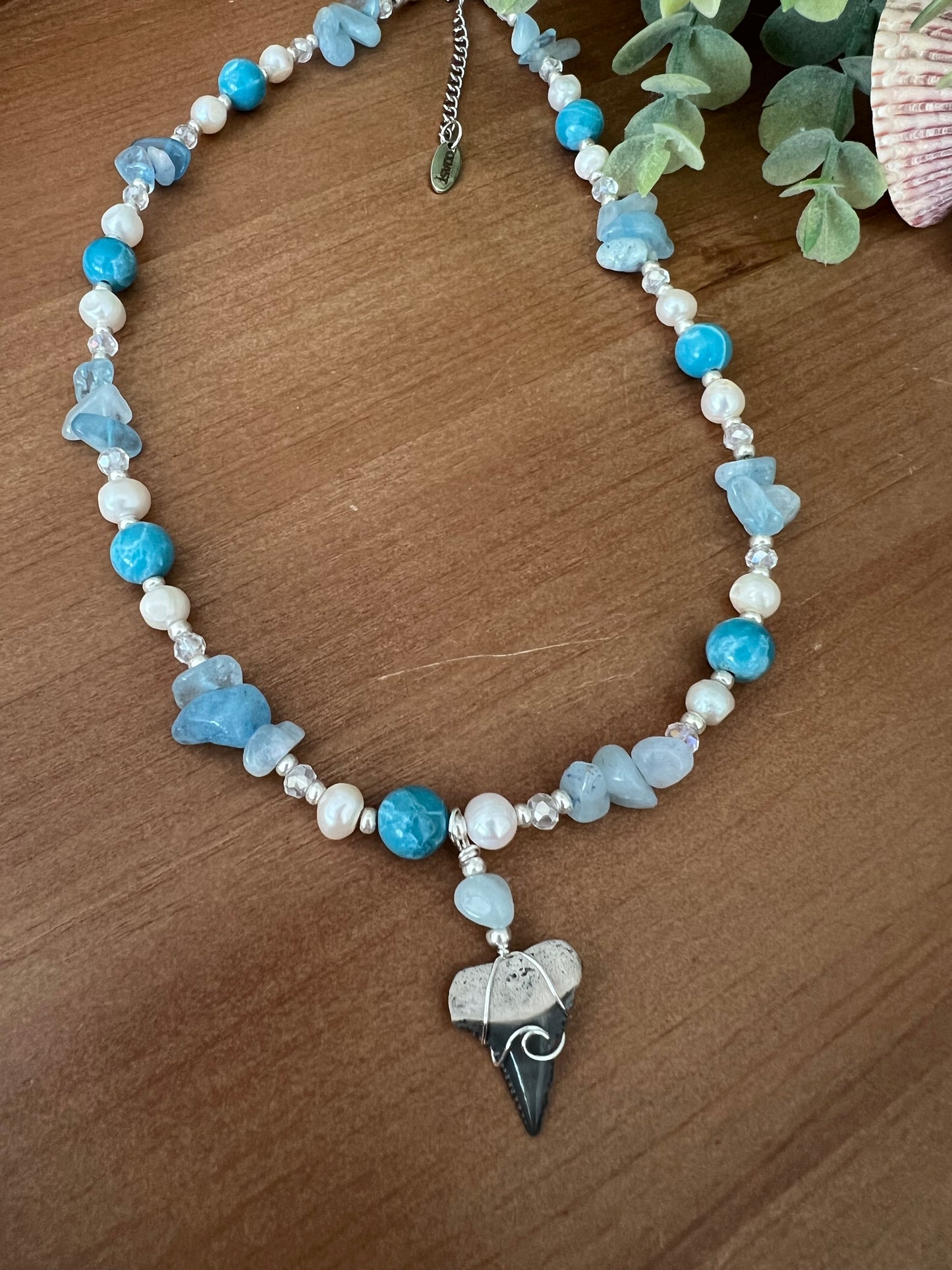 Calm Waters- Great White Shark tooth with aquamarine, Larimar, and freshwater pearls