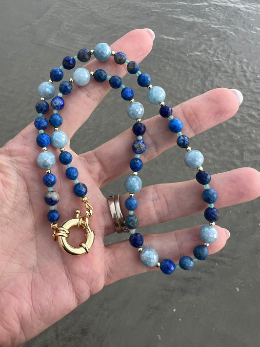 Midnight Sails- Natural Lapiz Lazuli, Aquamarine, and Amazonite beads with Gold-Filled Sailor Clasp