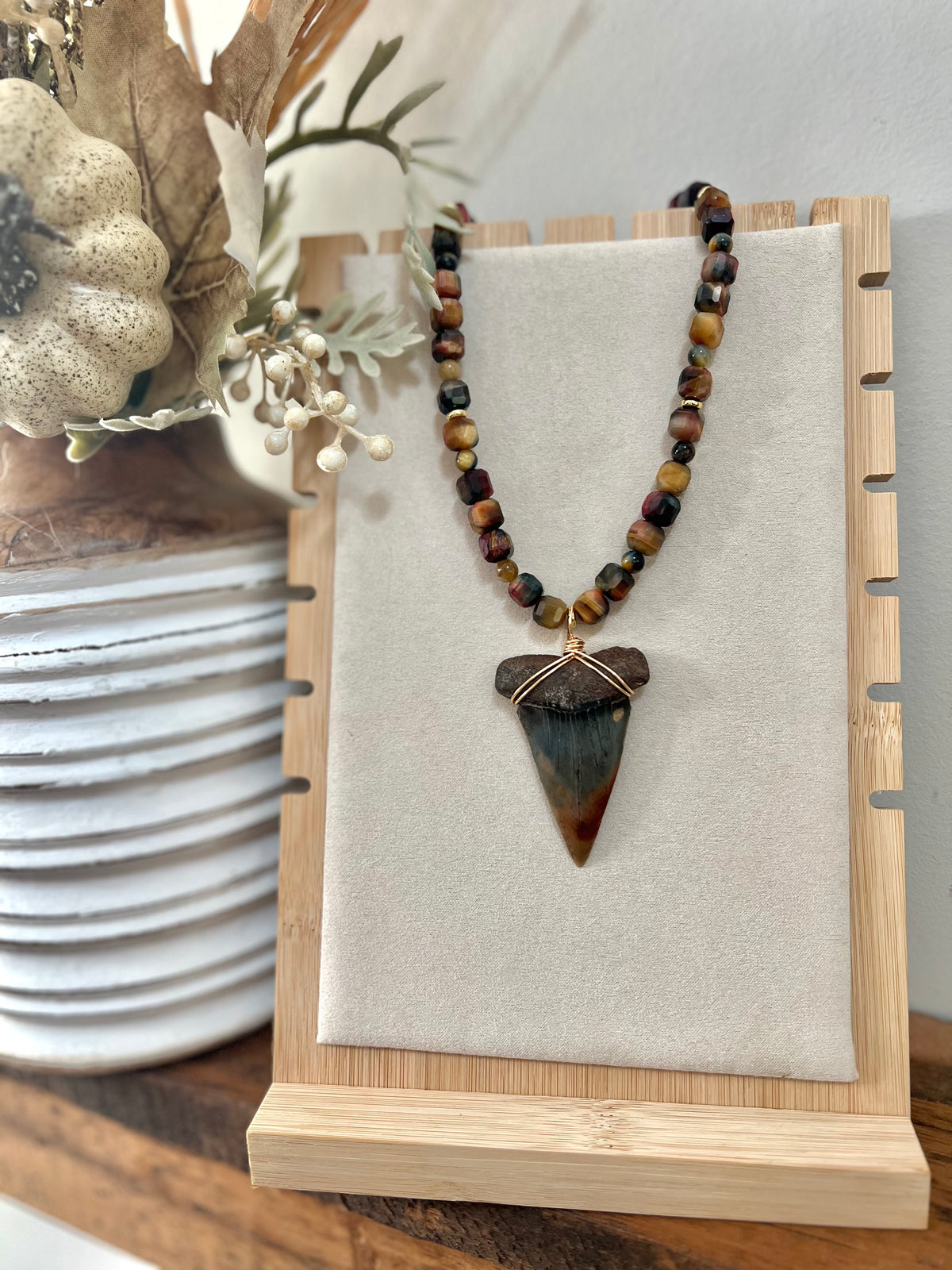 Ember Tide- STUNNING Hastalis Shark tooth with Tiger’s Eye Gemstone Bead Necklace