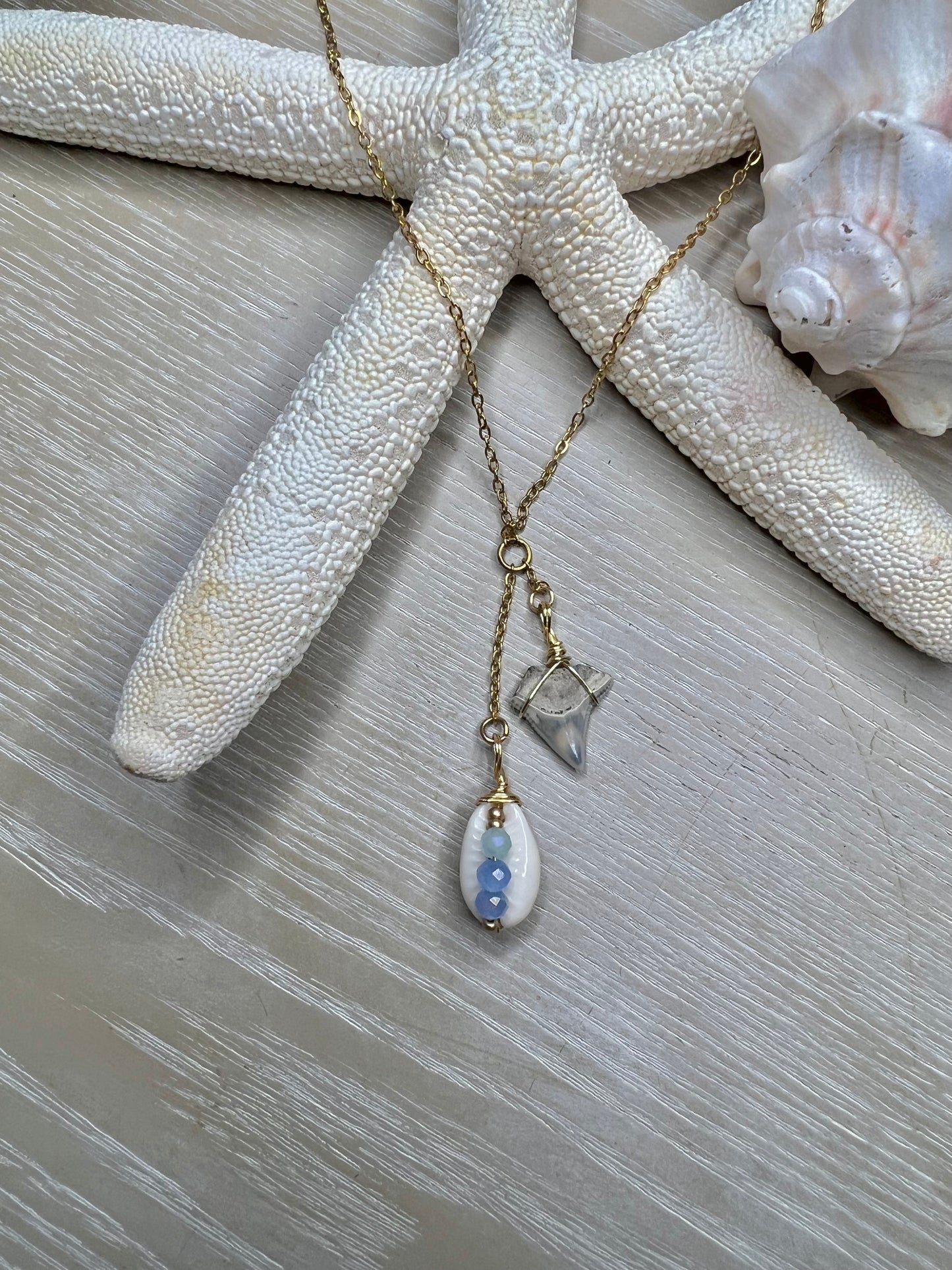 COASTal Cowgirl -shark tooth + Cowrie Lariat necklace