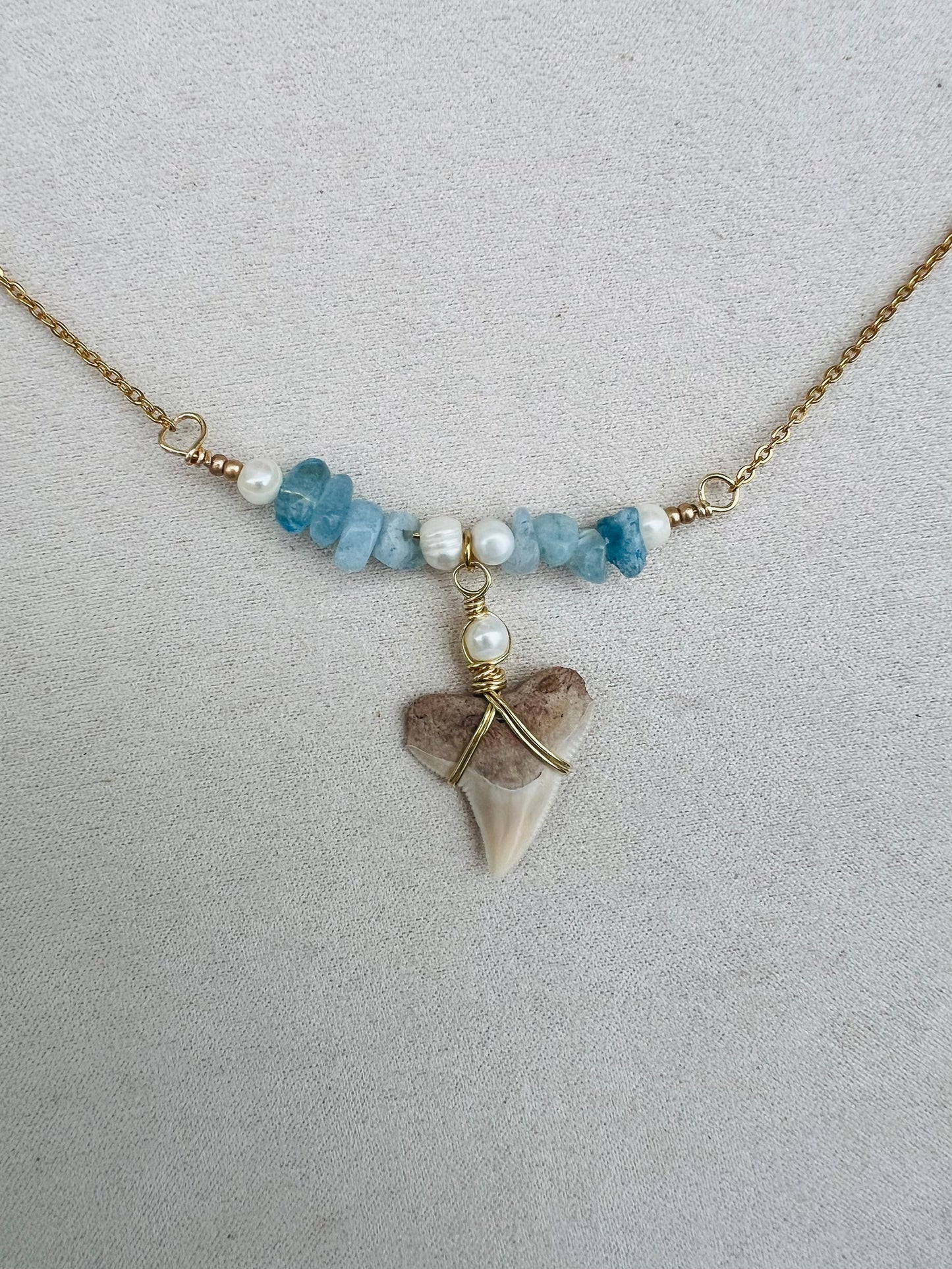 Ocean Treasure Necklace- cream Bull Shark tooth + Aquamarine and Pearls