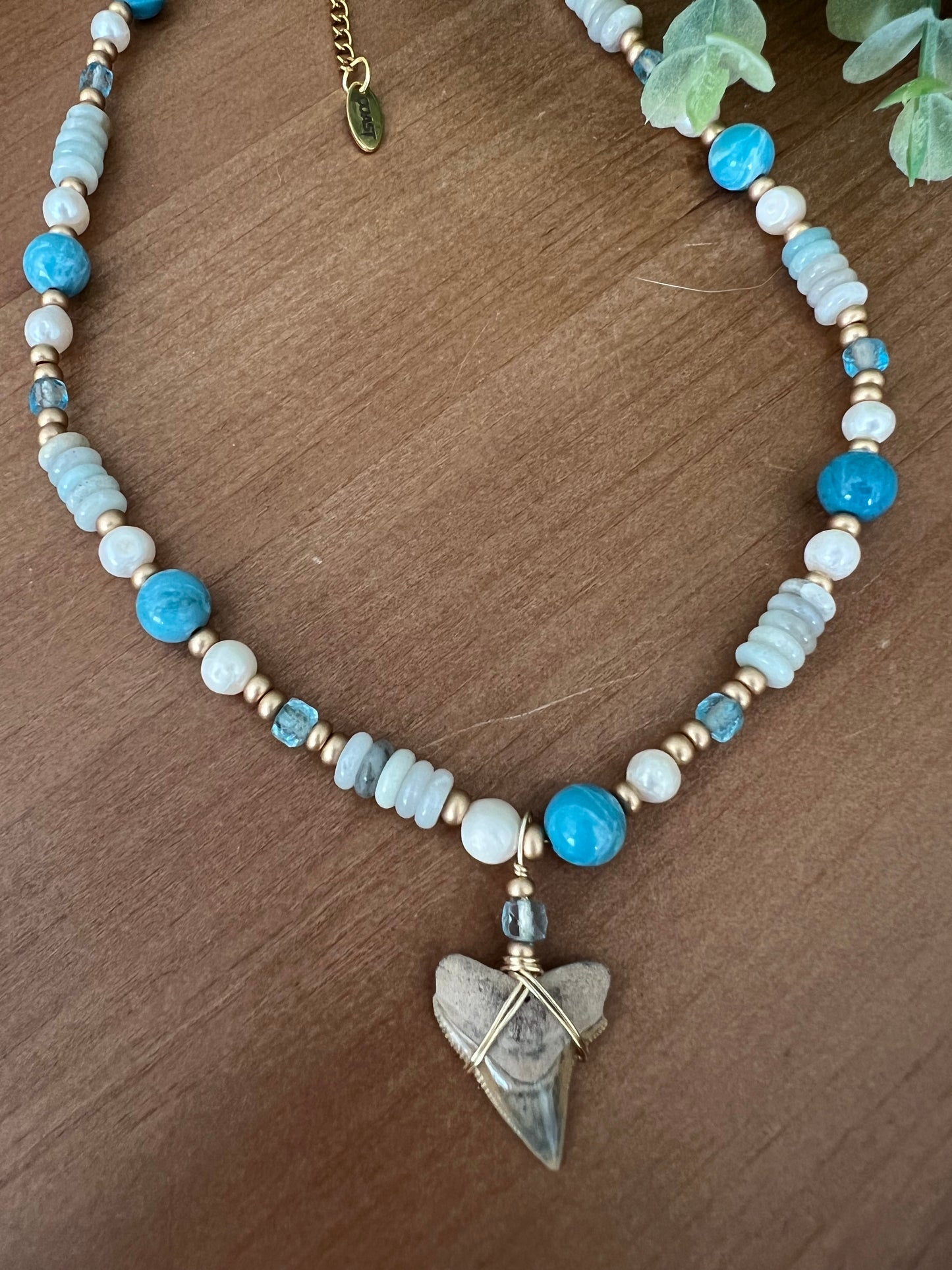 Blue Hour- Rare Bull Shark Tooth with Larimar quartz, blue topaz, freshwater pearls, and sea sediment beads