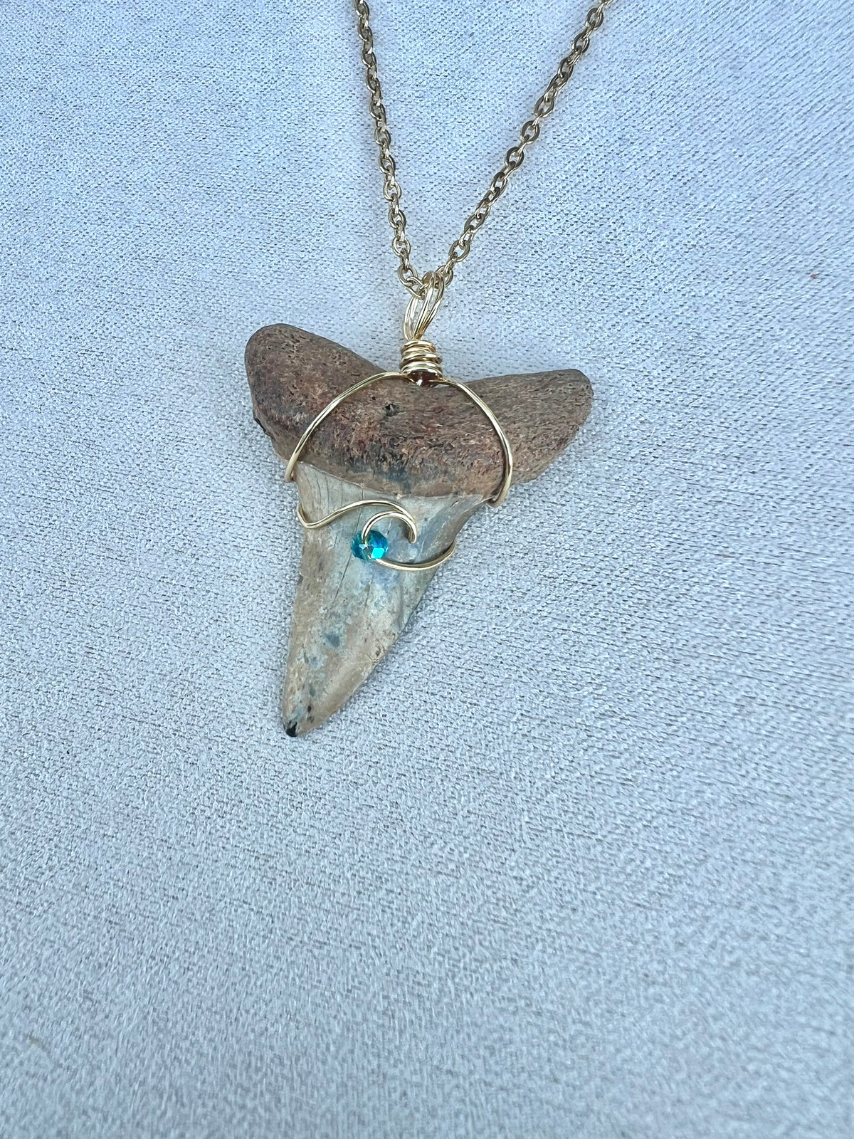 Stunning One-of-a-Kind Cream Marble Hastalis Shark Tooth Necklace with wave design and Swarovski Crystal